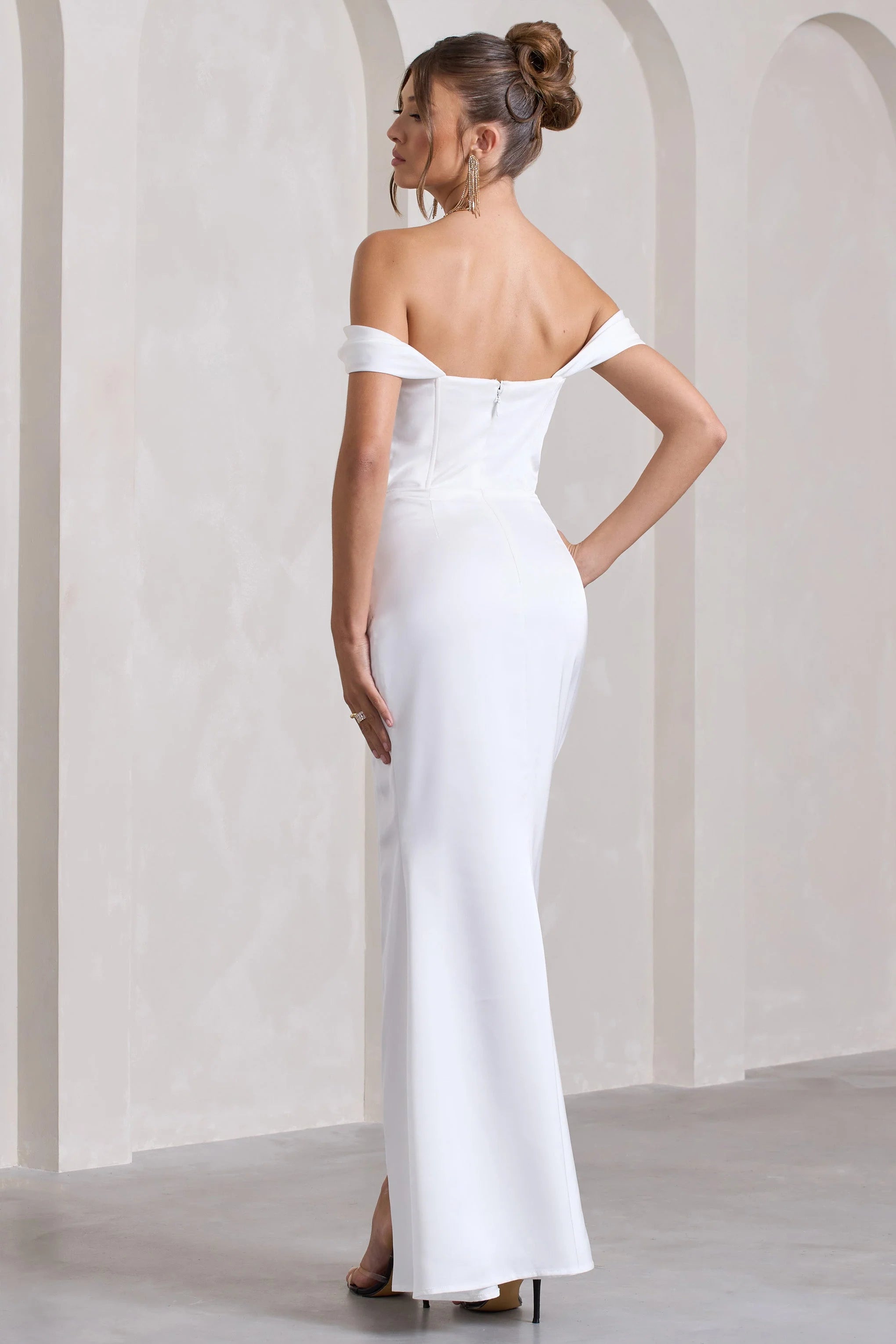 Kimberly | White Bardot Fishtail Satin Maxi Dress