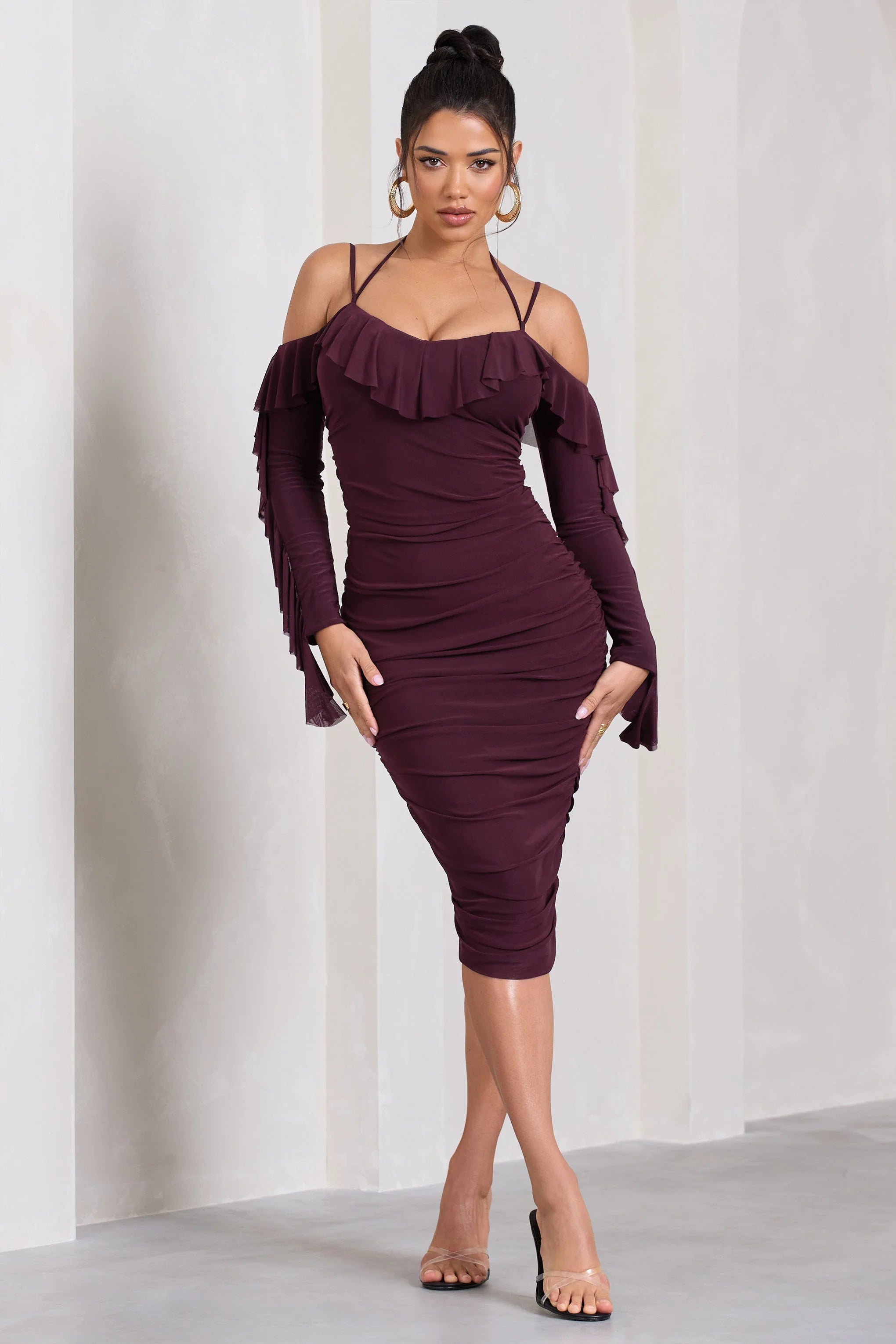 Quinn | Dark Cherry Ruched Strappy Long-Sleeved Midi Dress With Ruffles
