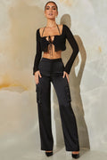 Petite Satin Straight Leg Cargo Trousers in Black