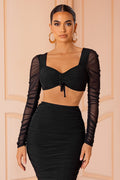 Down To You | Black Ruched Mesh Long Sleeve Top