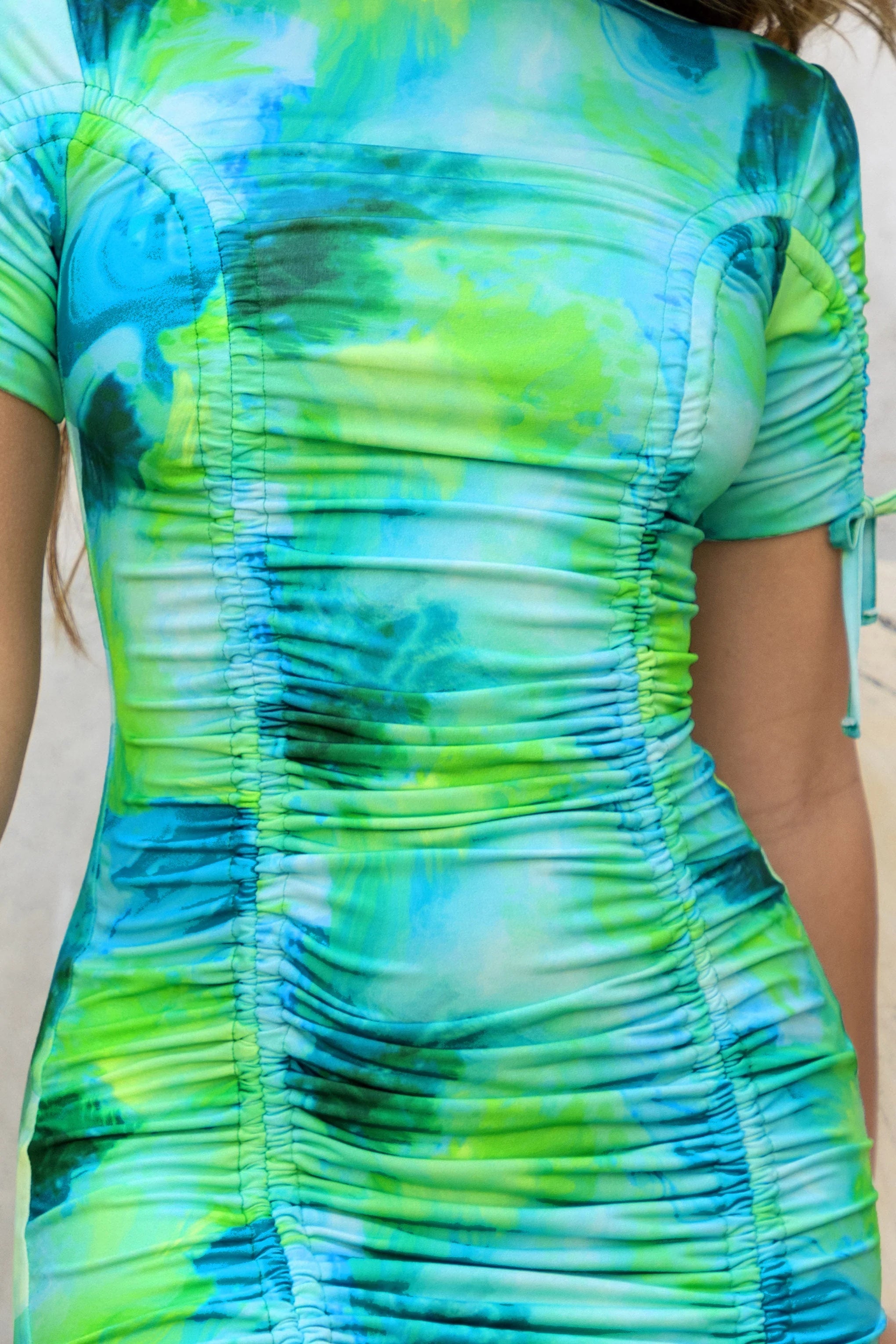 Solstice | Turquoise Print High Neck Mini Dress With Drawstring Side
