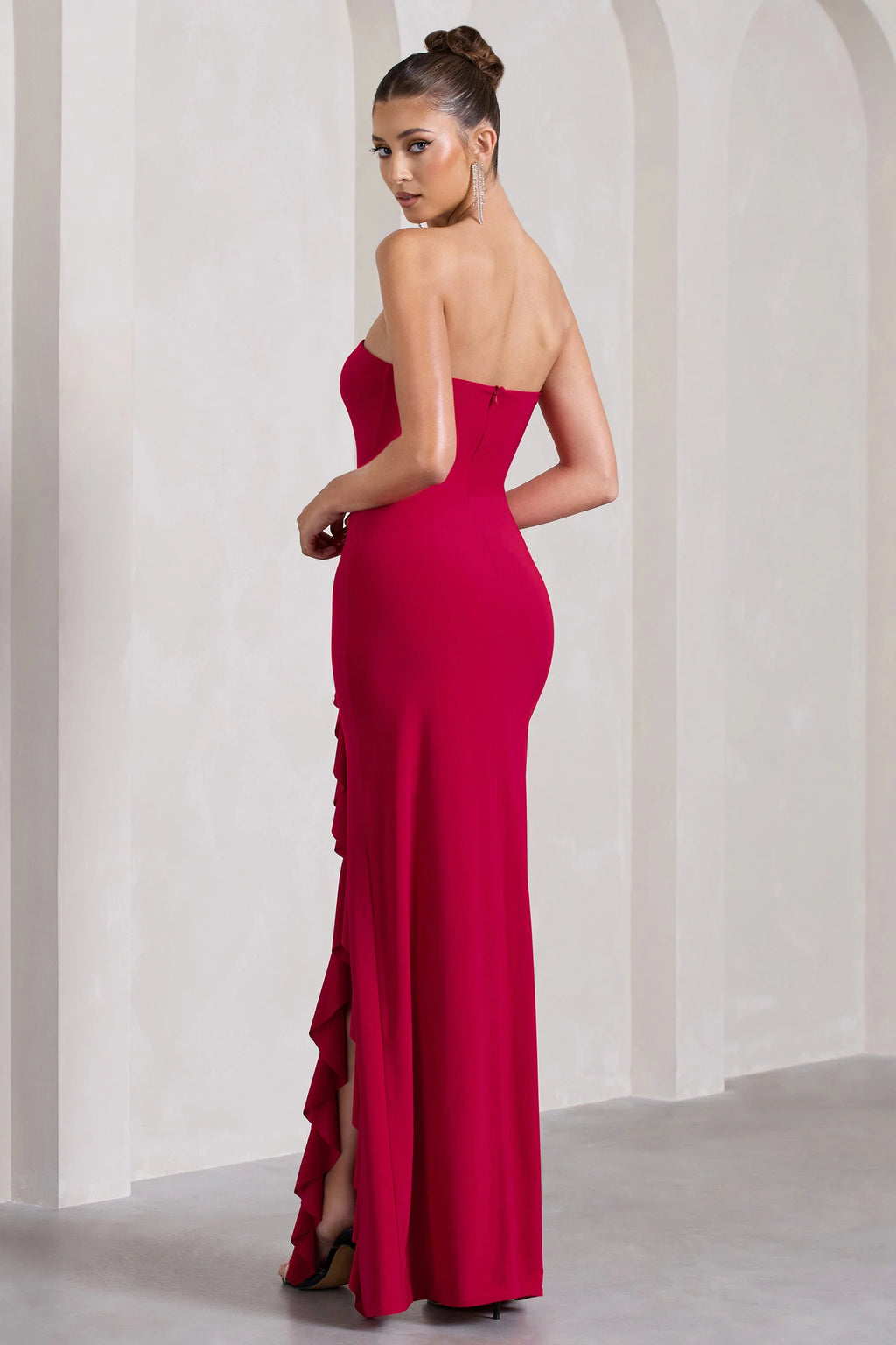 Susan | Red Bandeau Maxi Dress With Ruffled Splits
