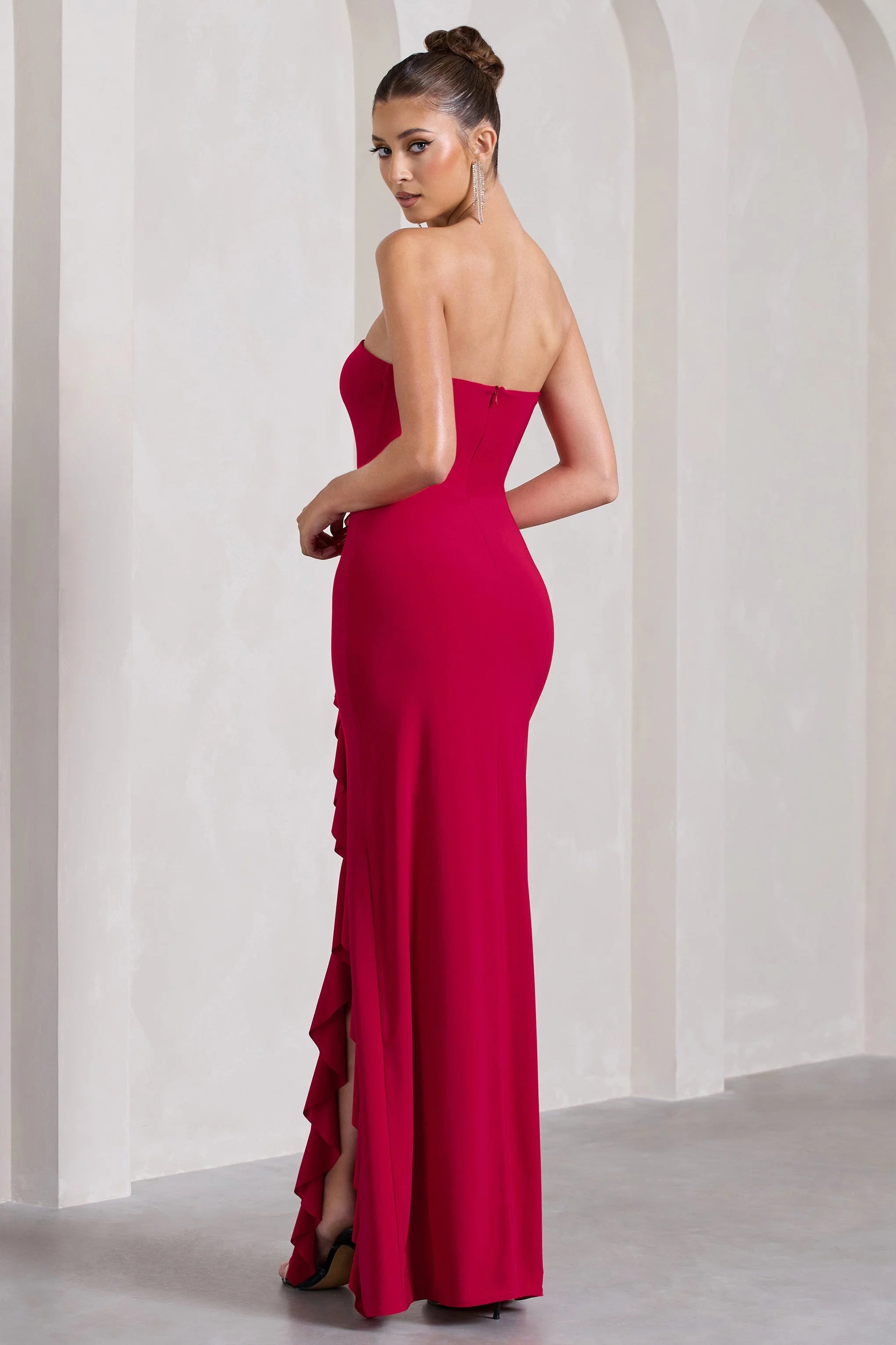 Susan | Red Bandeau Maxi Dress With Ruffled Splits