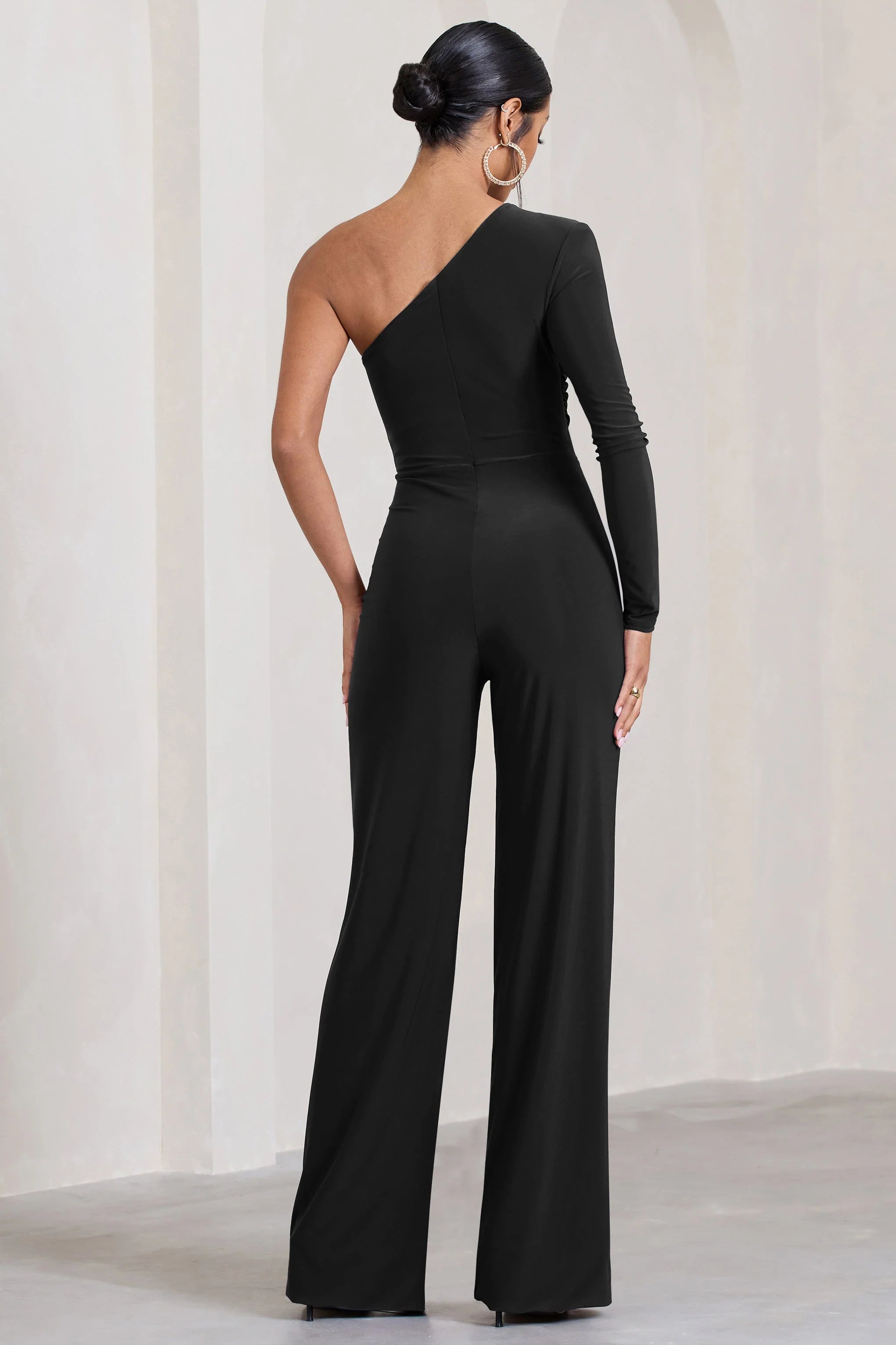 Mila | Black One Shoulder Ruched Wide Leg Jumpsuit