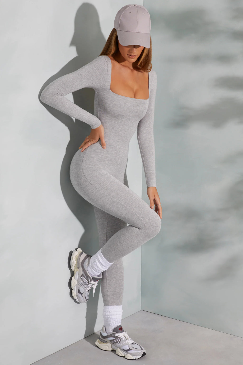 Petite Square Neck Long Sleeve Jumpsuit in Marled Grey