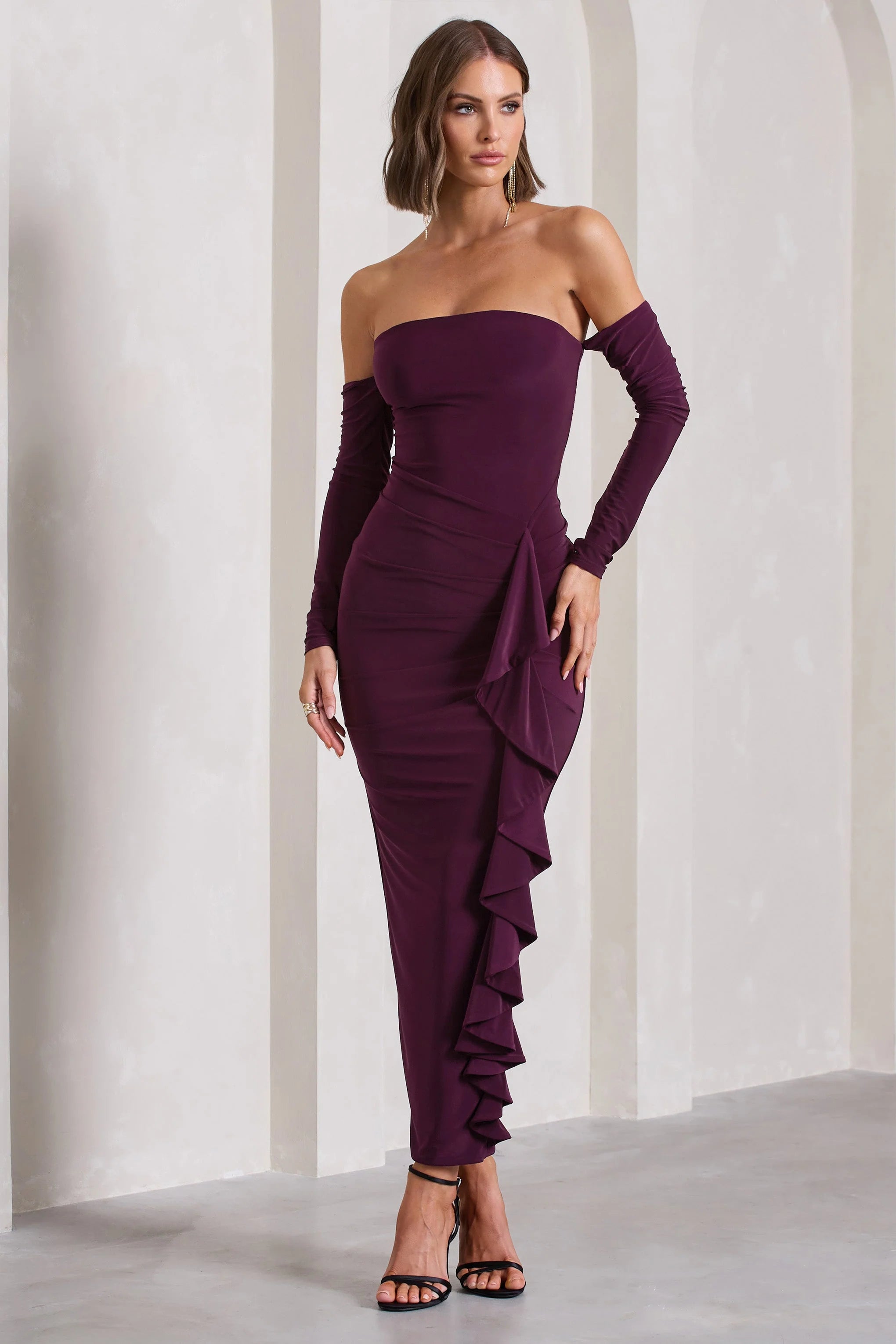 Montana | Plum Bardot Ruffle Maxi Dress