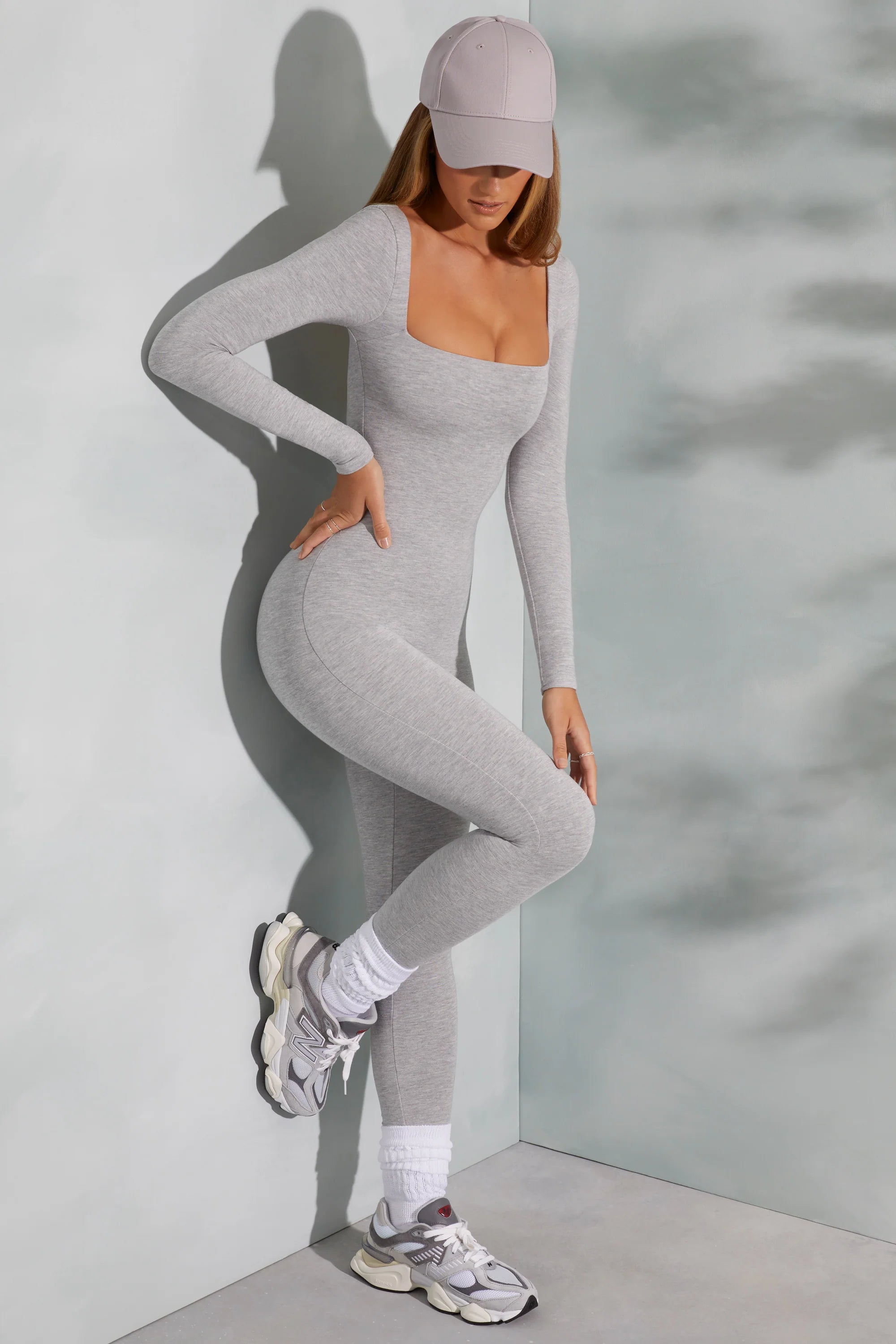 Tall Square Neck Long Sleeve Jumpsuit in Marled Grey