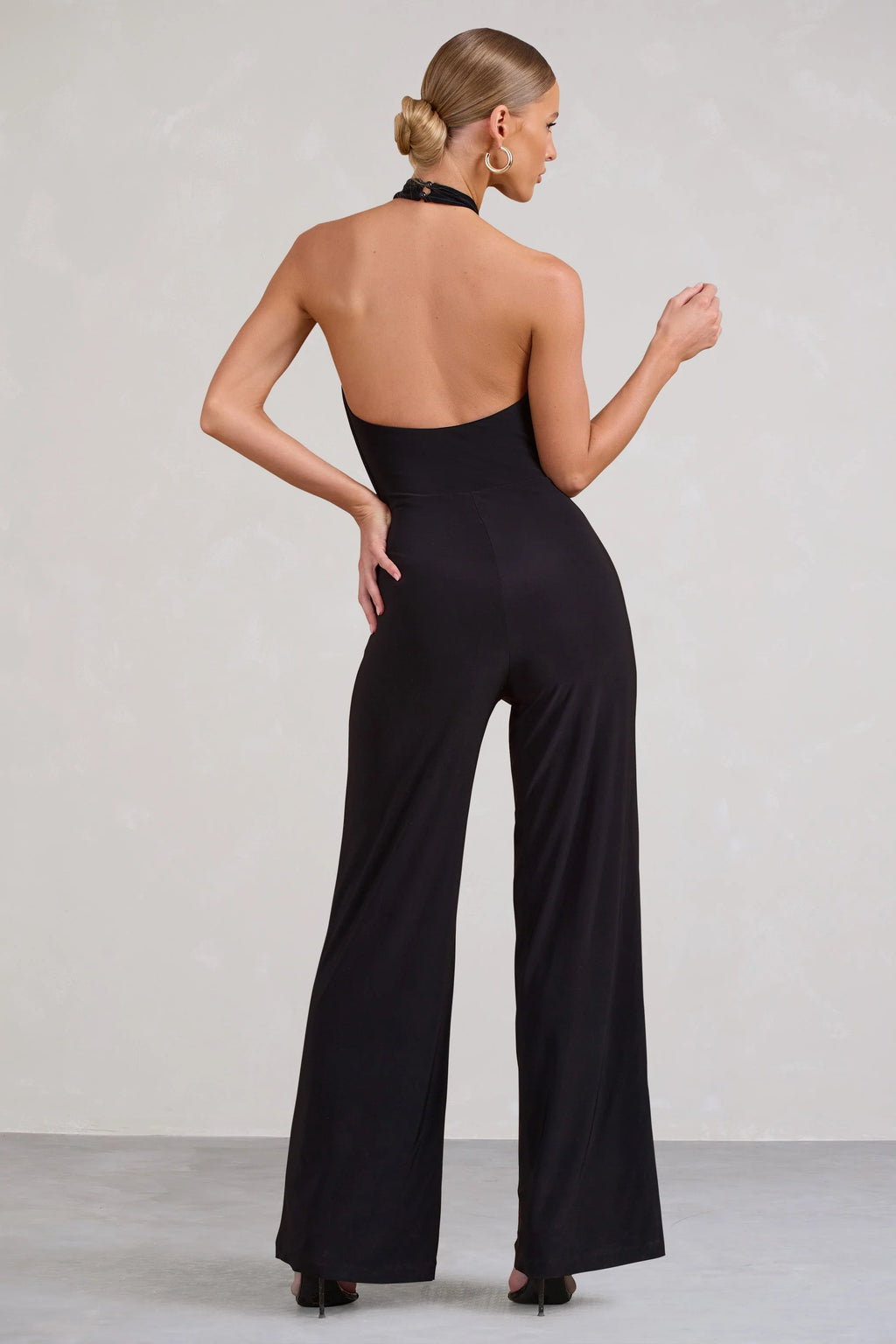 Maddie | Black Backless Halter Neck Ruched Jumpsuit