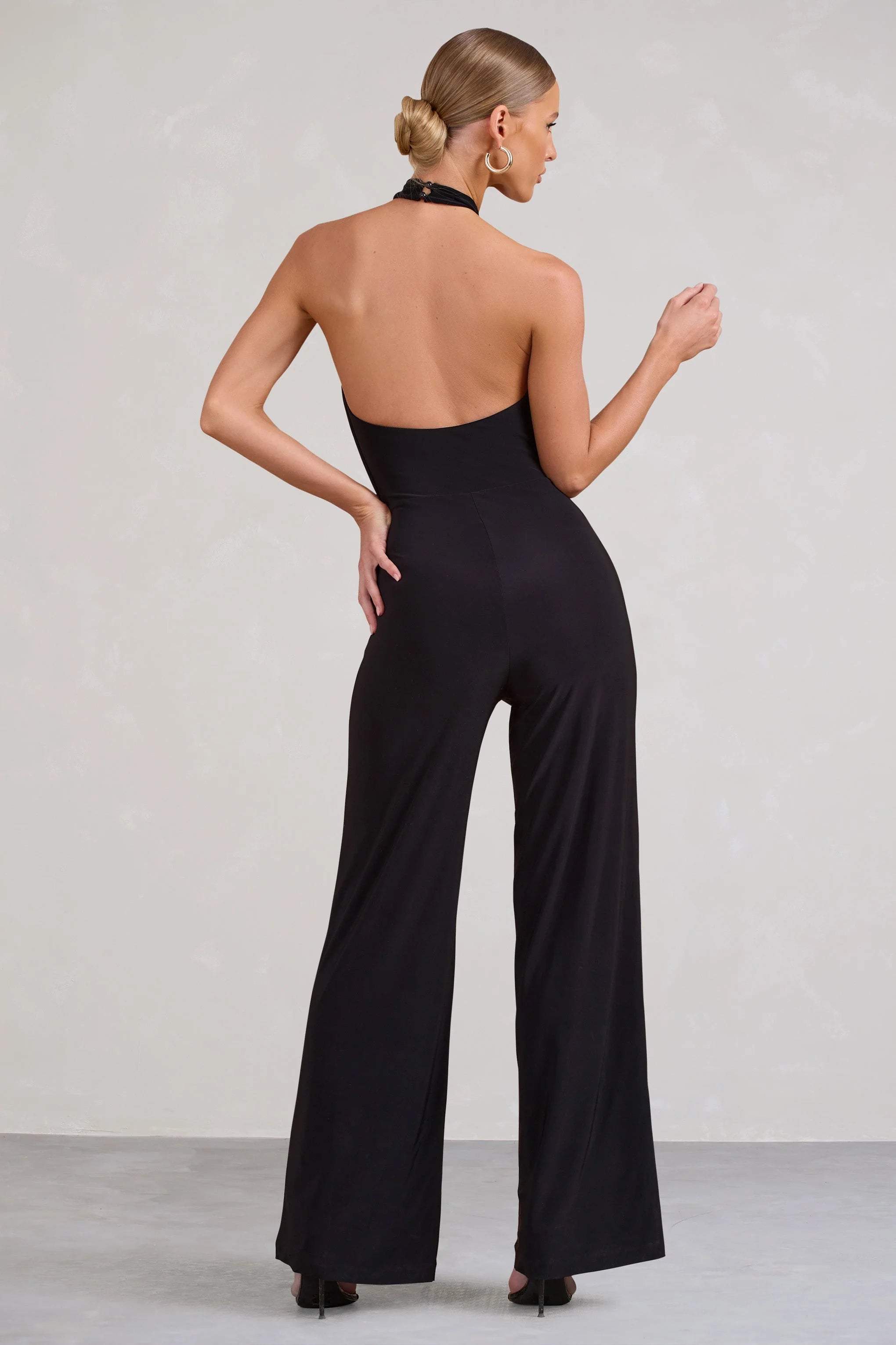 Maddie | Black Backless Halter Neck Ruched Jumpsuit