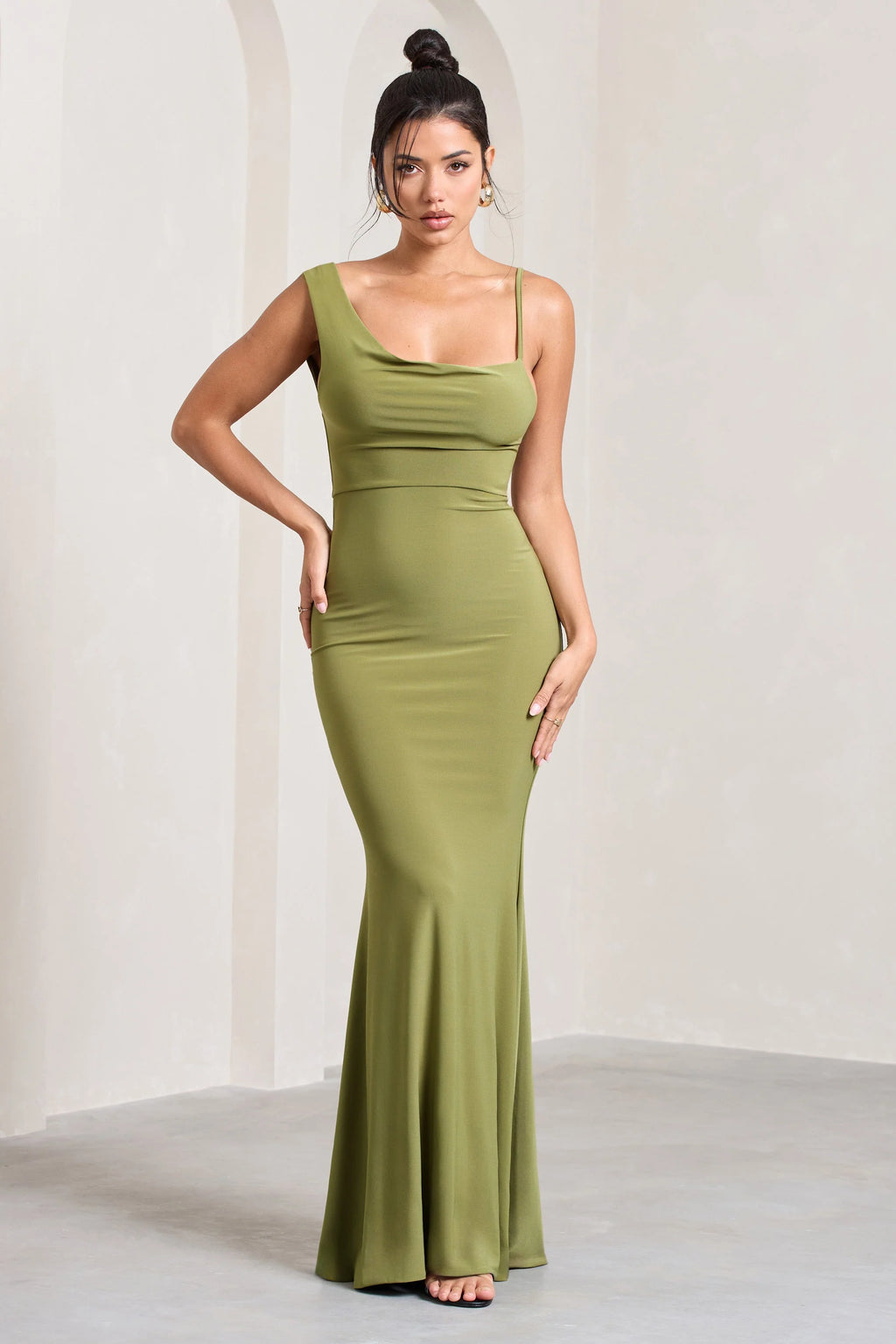 Phantasy | Olive Asymmetric Neckline Cowl Maxi Dress