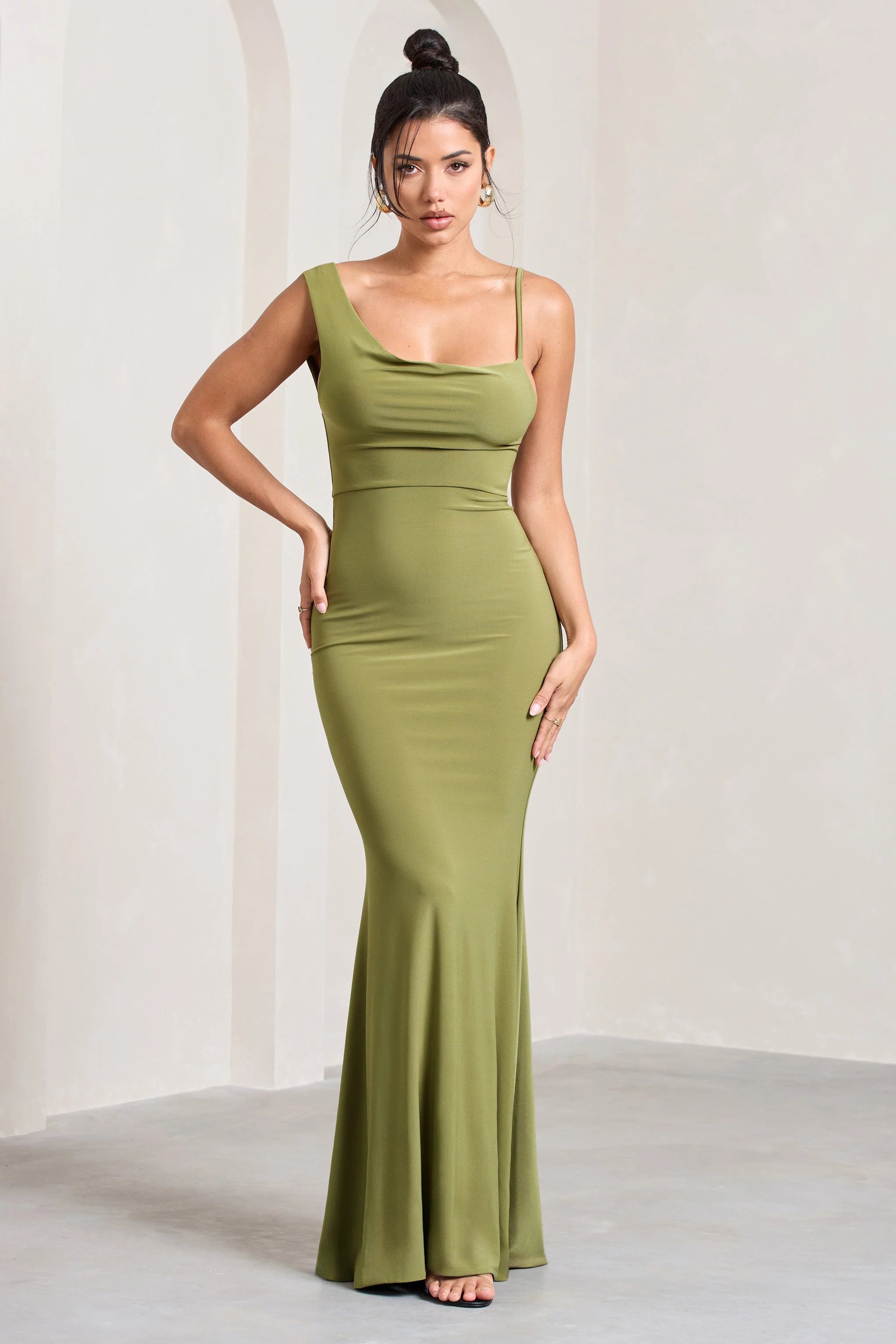 Phantasy | Olive Asymmetric Neckline Cowl Maxi Dress