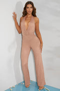 Tall Embellished Plunge Neck Jumpsuit in Beige