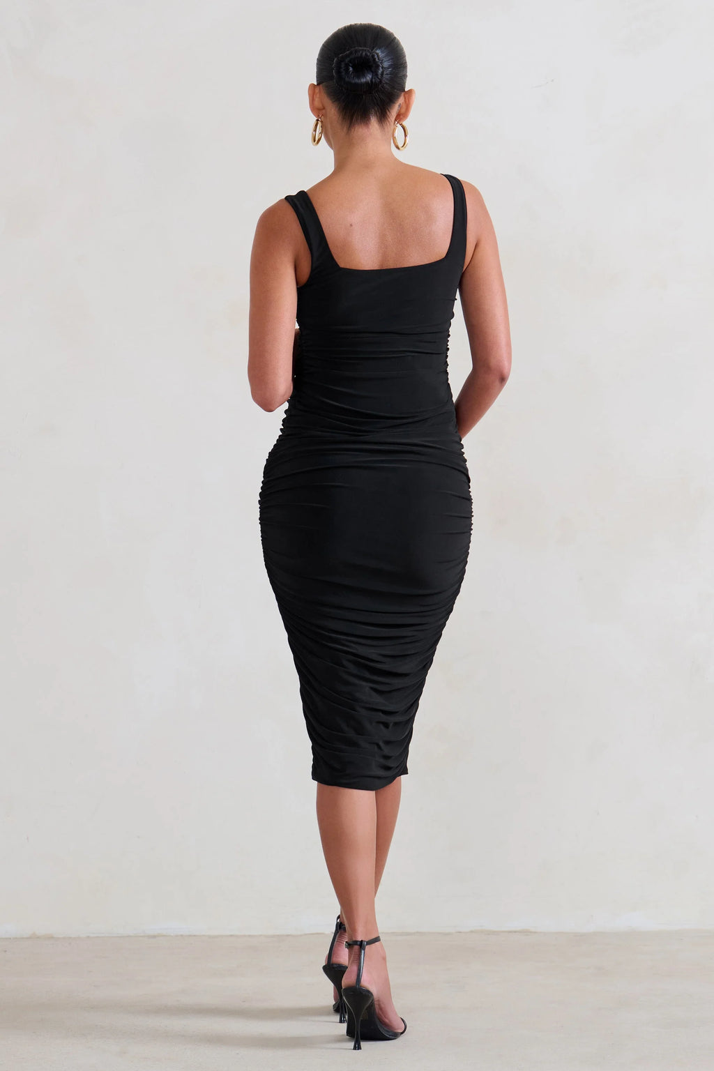 Lisbon | Black Maternity Square Neck Ruched Midi Dress