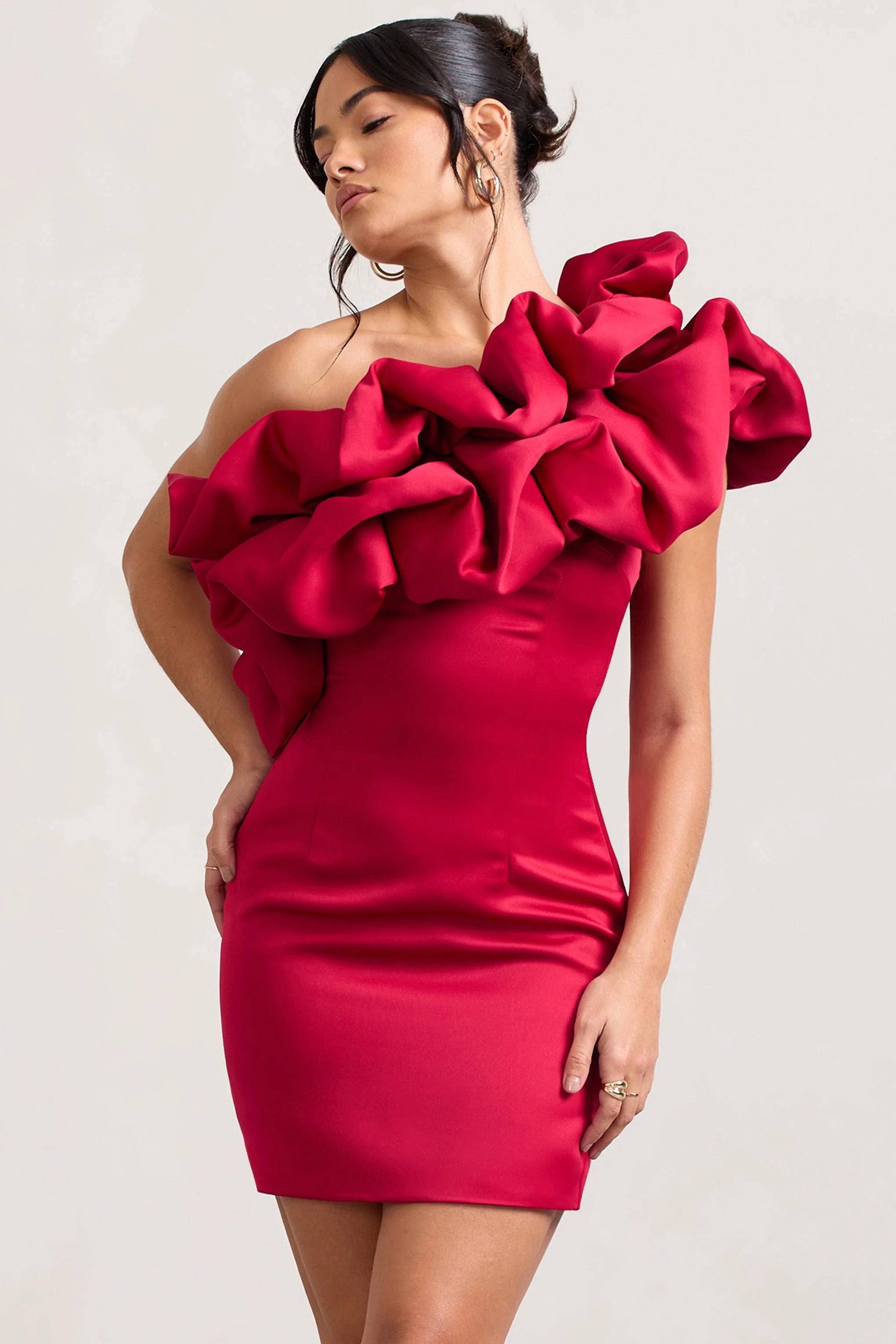 At The Opera | Red Satin Asymmetric Ruffled Mini Dress