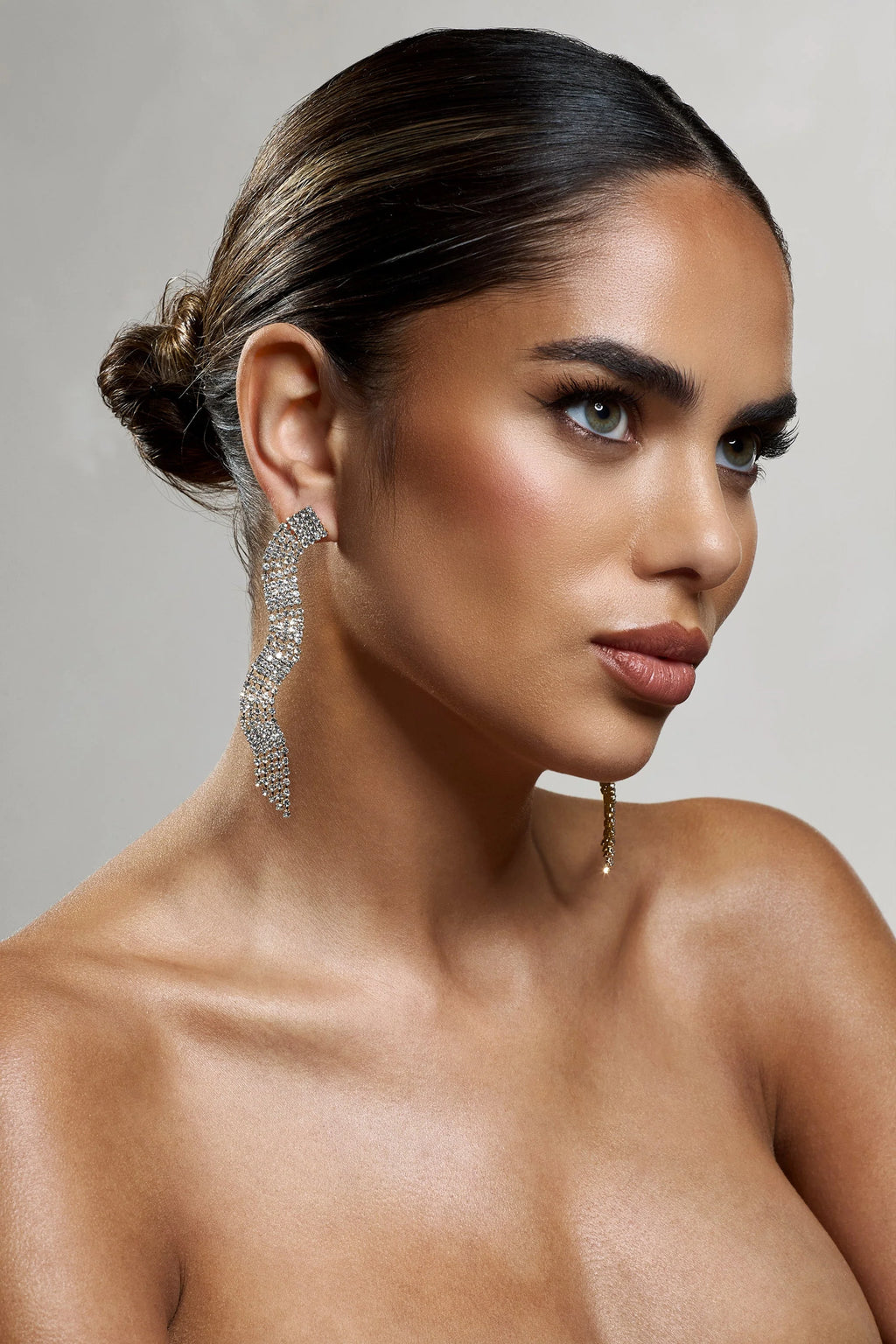 Swirl | Gold Diamante Curve Tassel Earrings