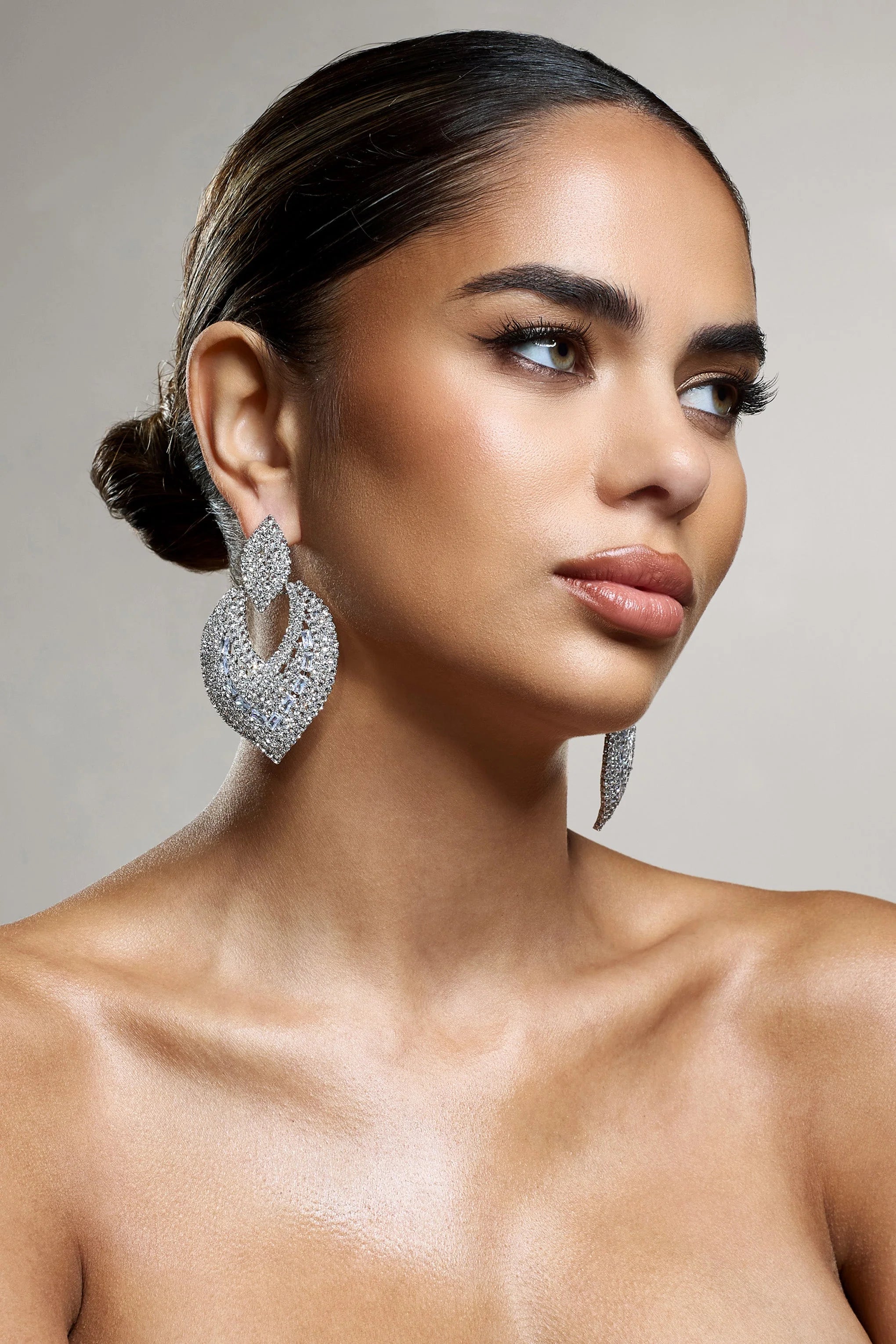 Miyo | Silver Diamante Leaf Drop Earrings
