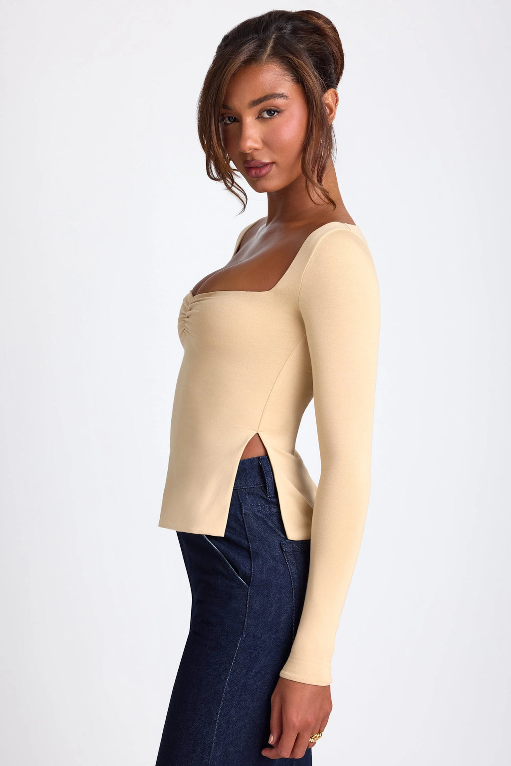 Modal Sweetheart Neckline Long Sleeve Top in Sand