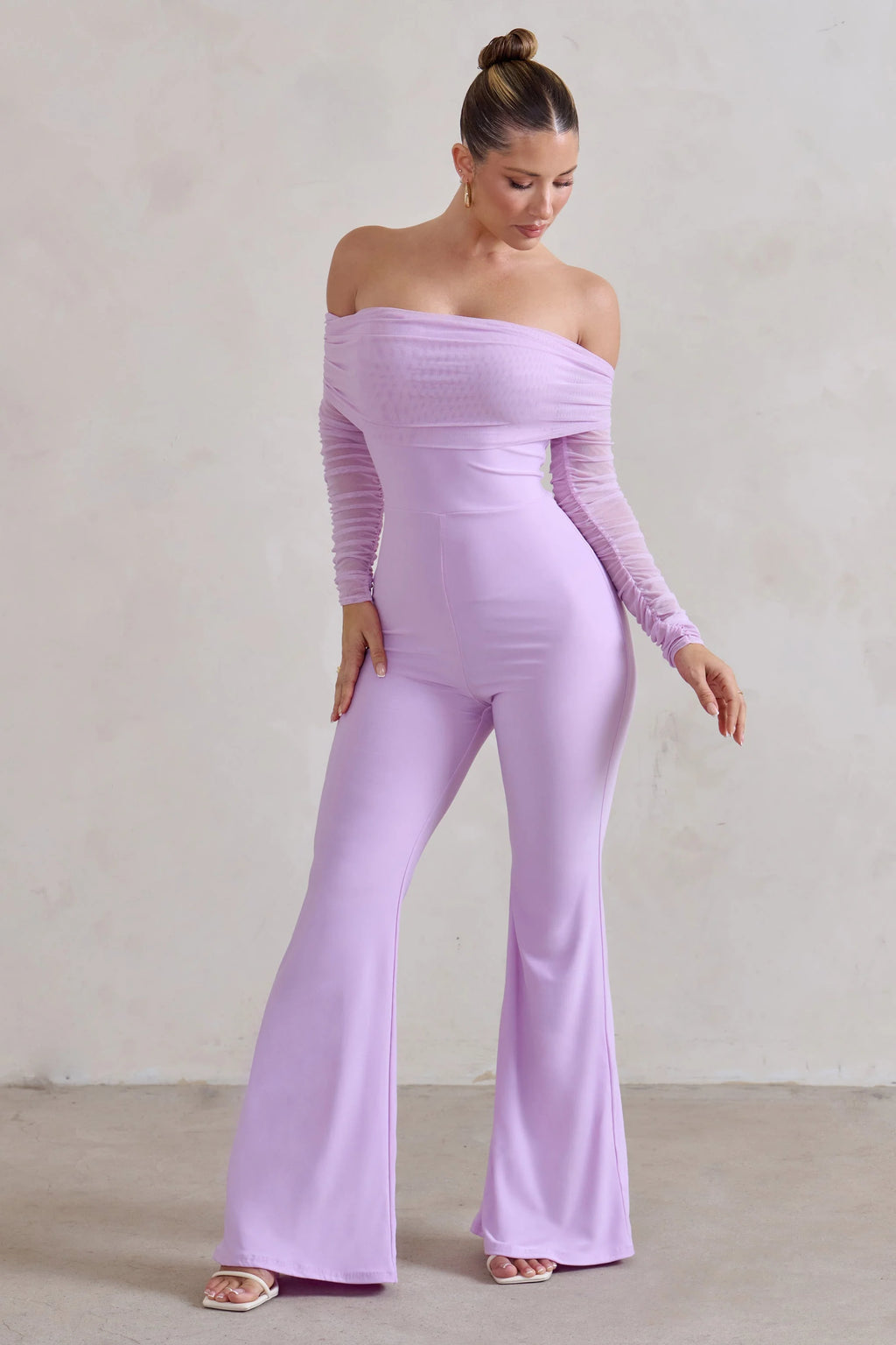 Whisper | Lilac Ruched Mesh Bardot Jumpsuit