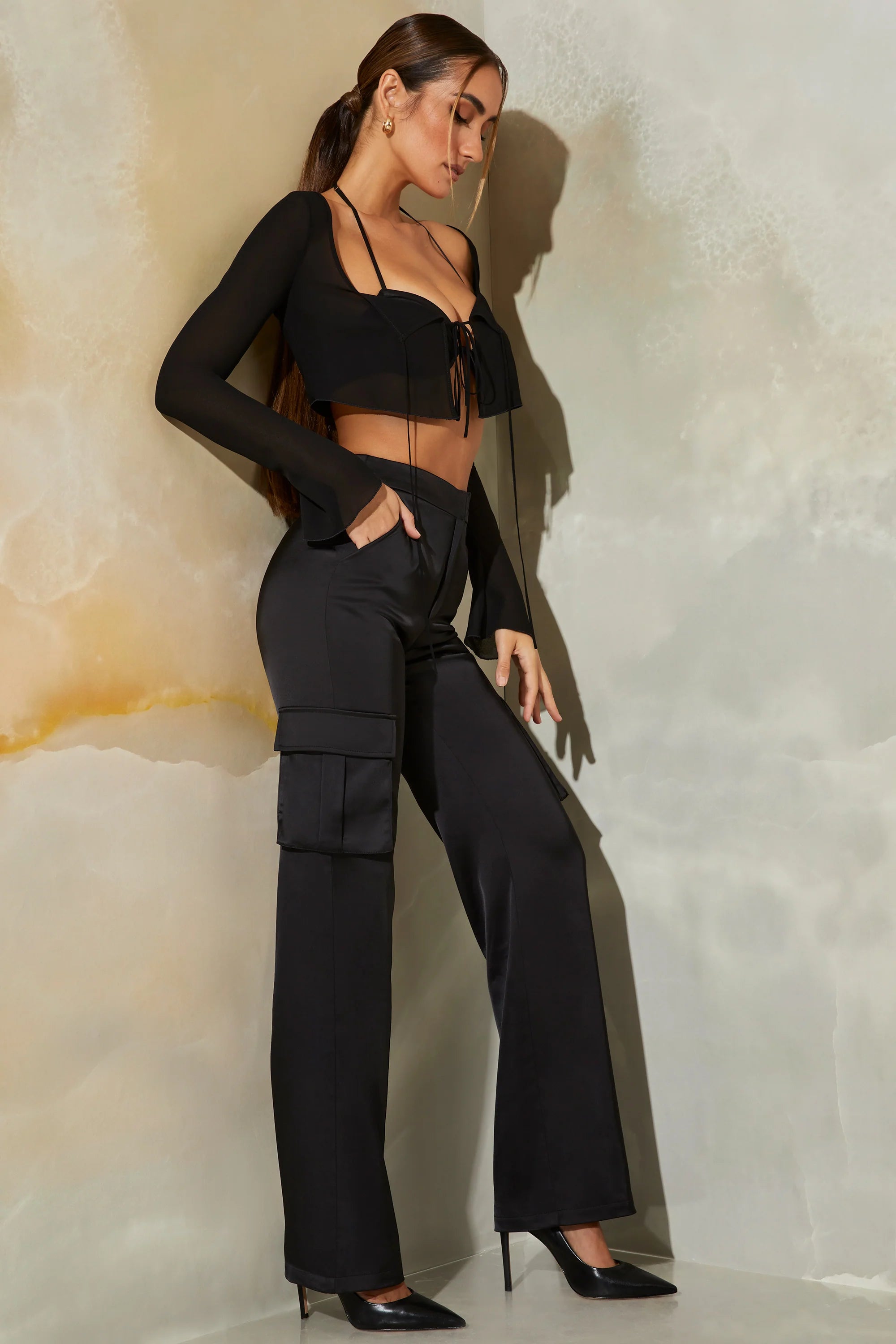 Tall Satin Straight Leg Cargo Trousers in Black