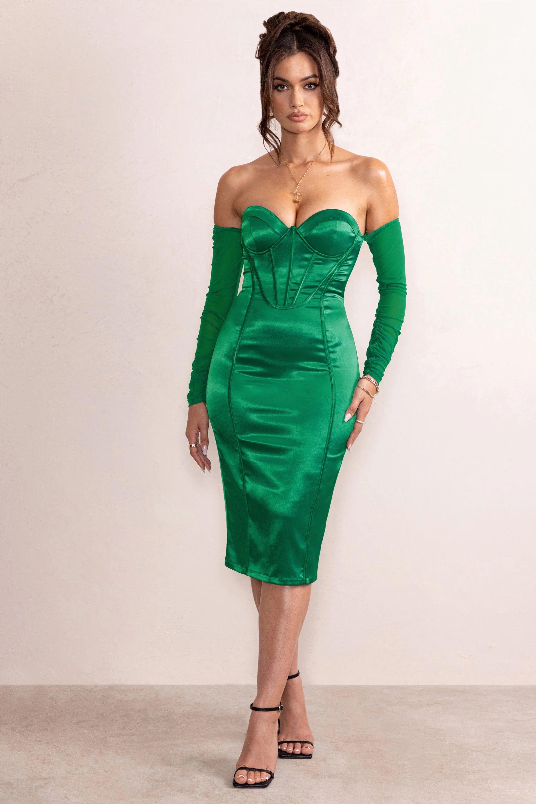 Zya | Emerald Green Satin Bardot Corset Bodice Midi Dress With Mesh Sleeves