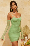 Off Shoulder Ruched Bust Mini Dress In Green
