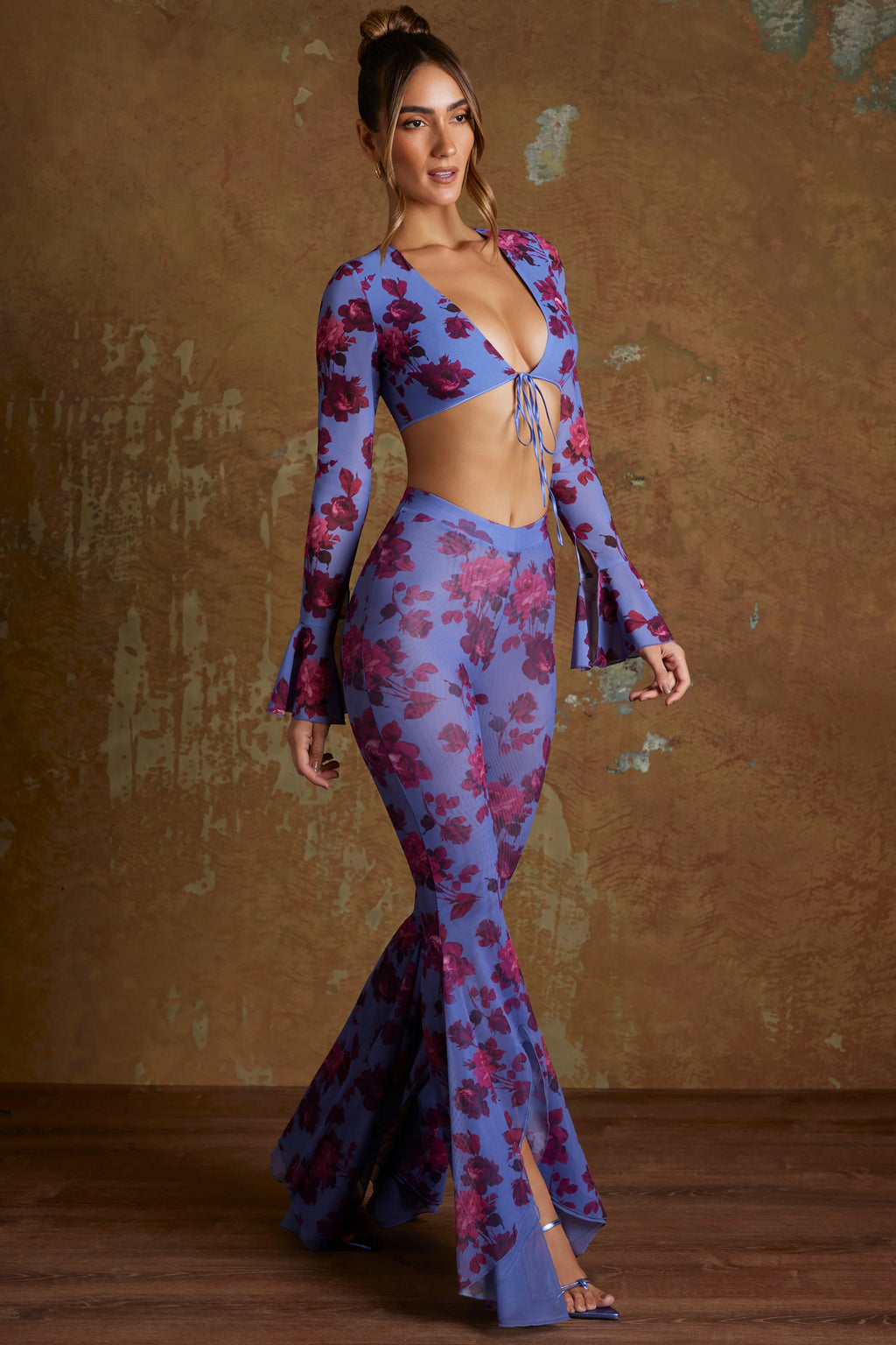 Petite Split Flare Ruffle Trousers in Periwinkle Print