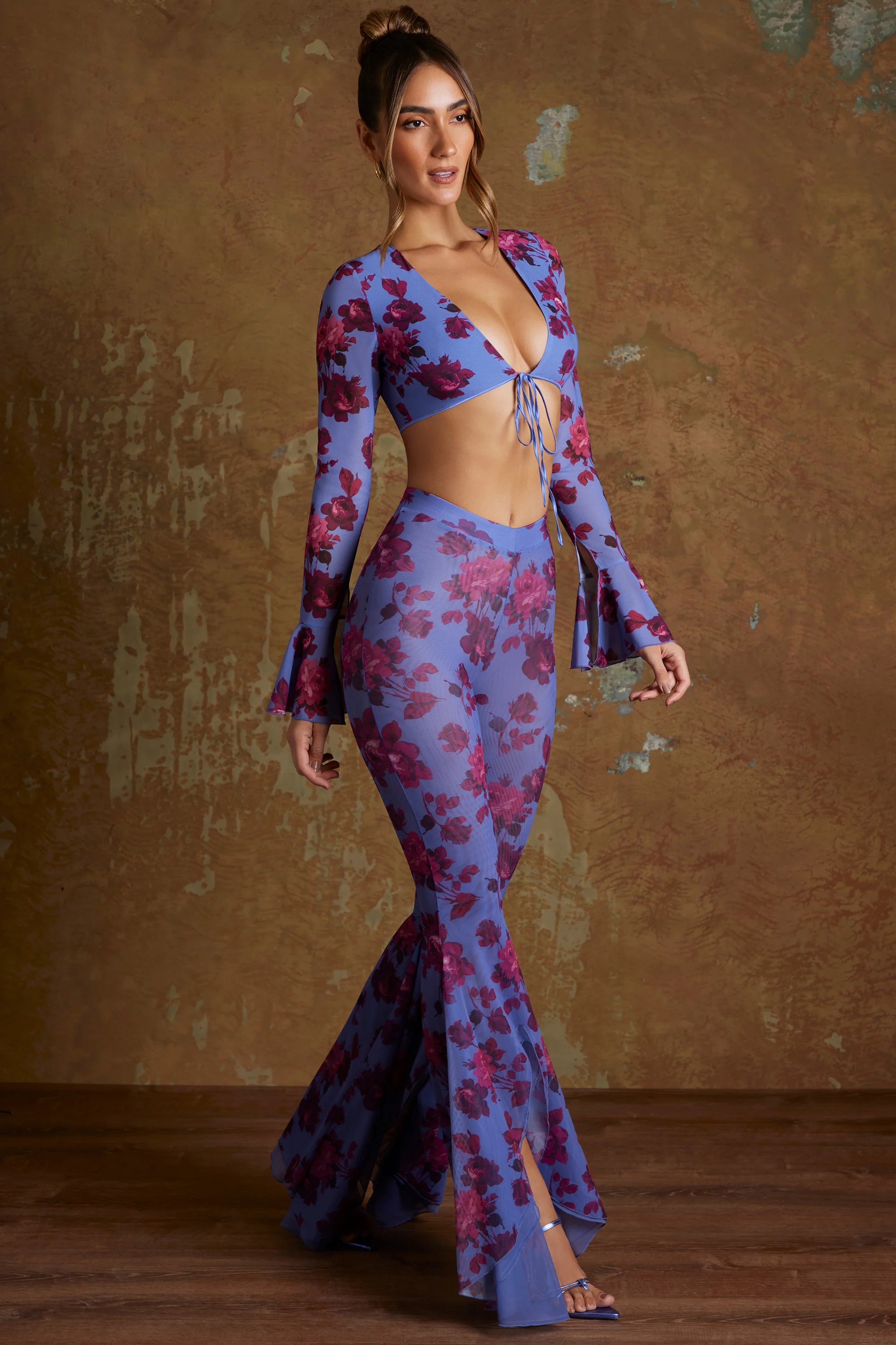 Petite Split Flare Ruffle Trousers in Periwinkle Print