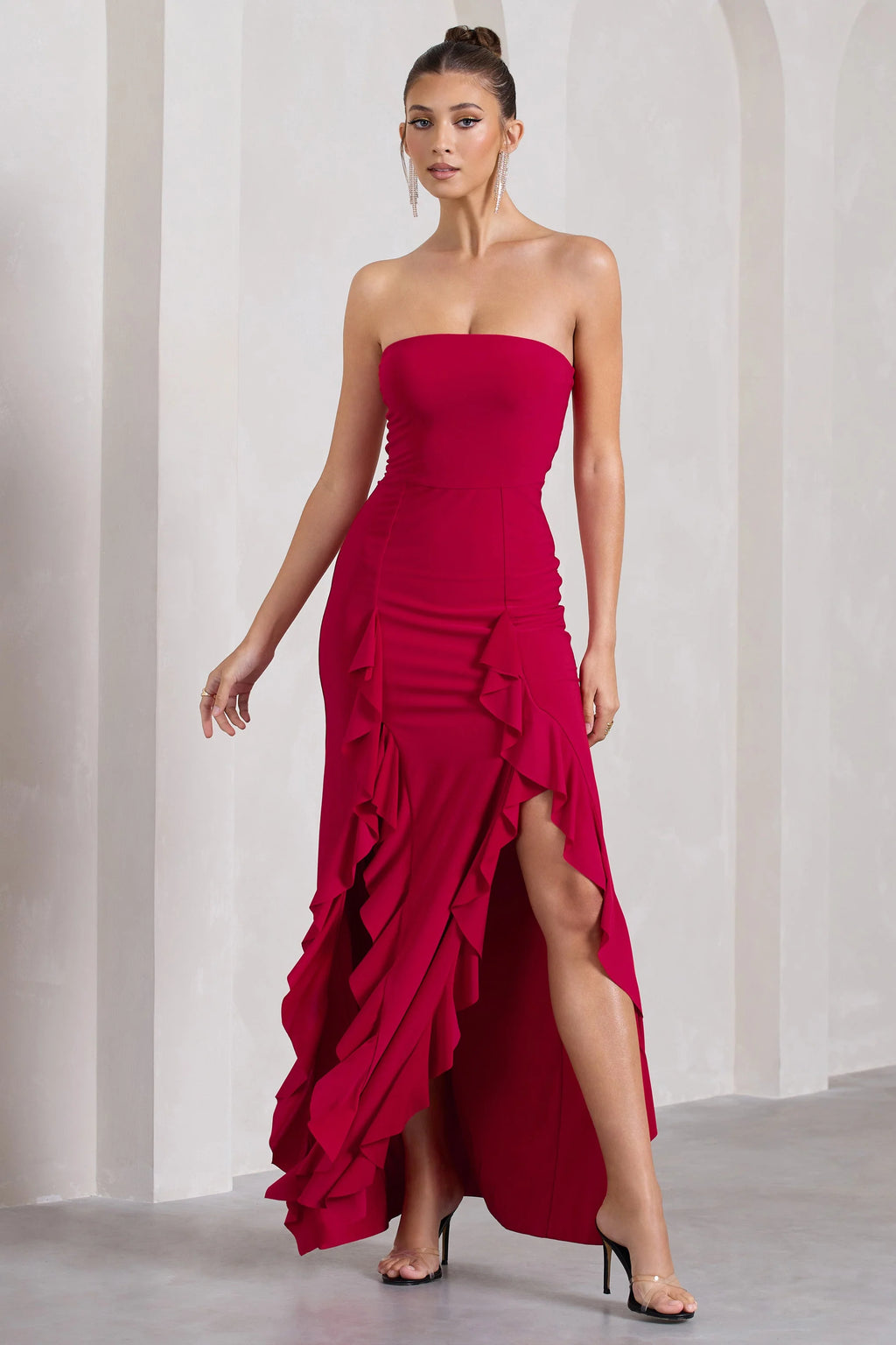 Susan | Red Bandeau Maxi Dress With Ruffled Splits