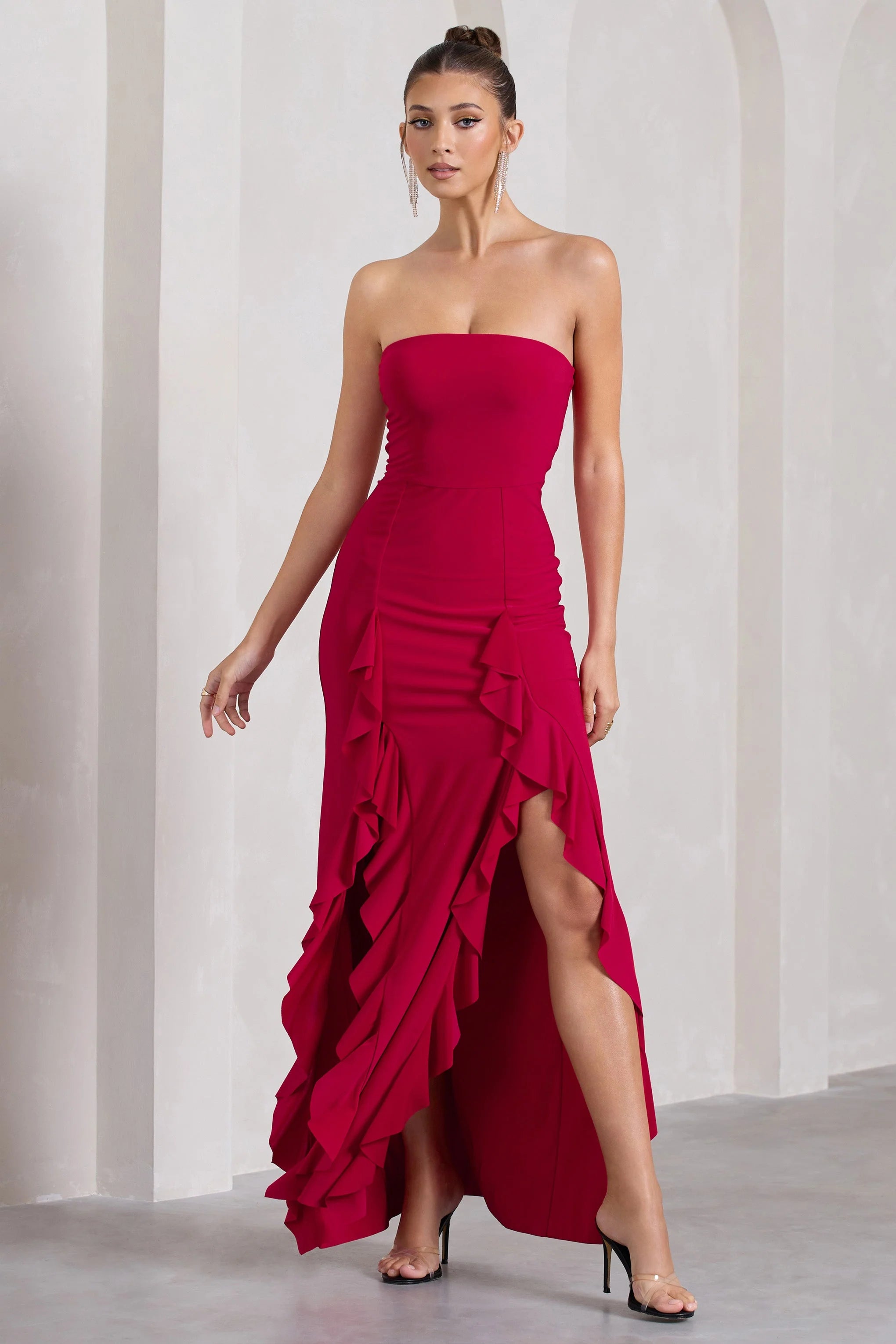 Susan | Red Bandeau Maxi Dress With Ruffled Splits