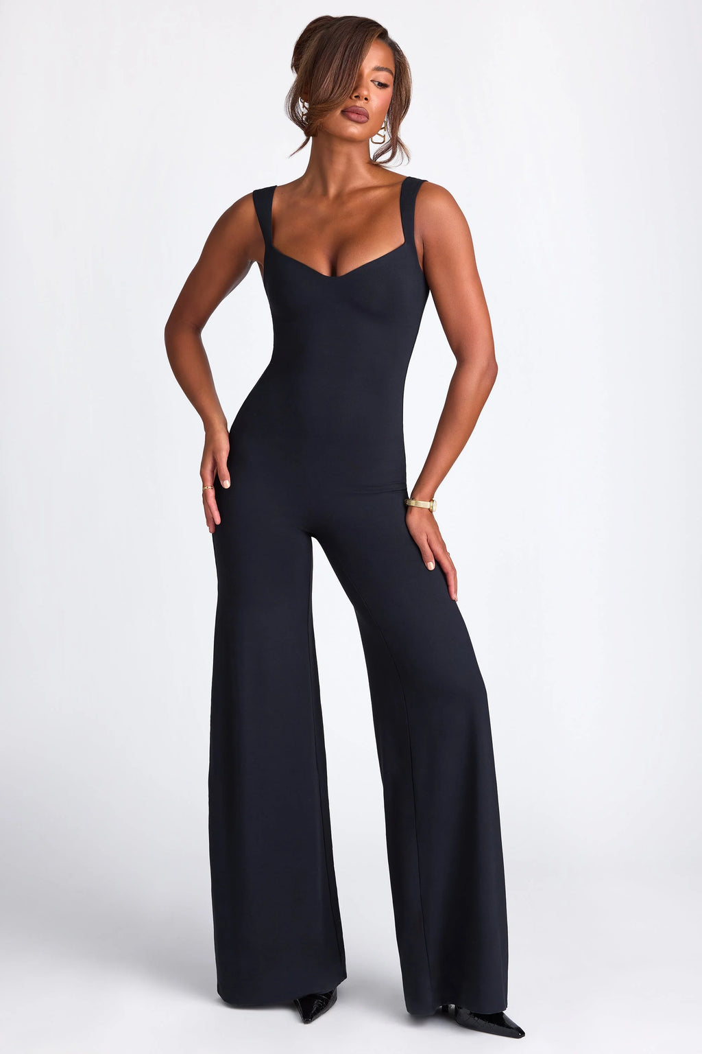 Petite Modal Sweetheart Neckline Wide Leg Jumpsuit in Black