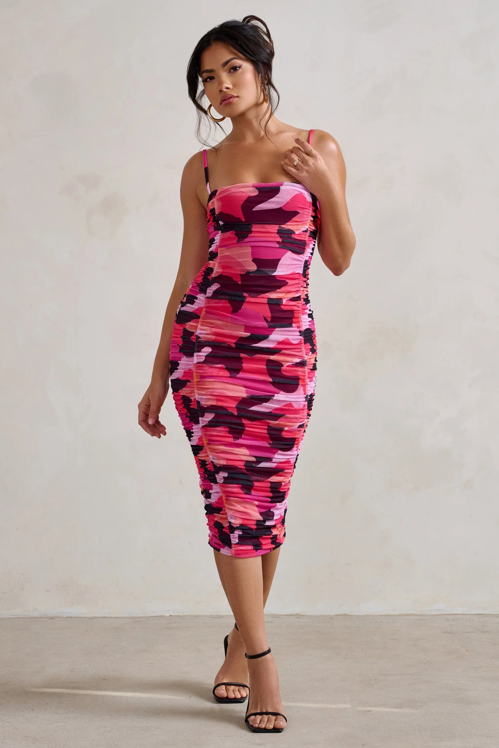 Sentimental | Hot Pink Print Ruched Mesh Midi Dress With Square Neck