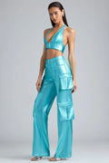 Metallic Denim Cargo Trousers in Aqua