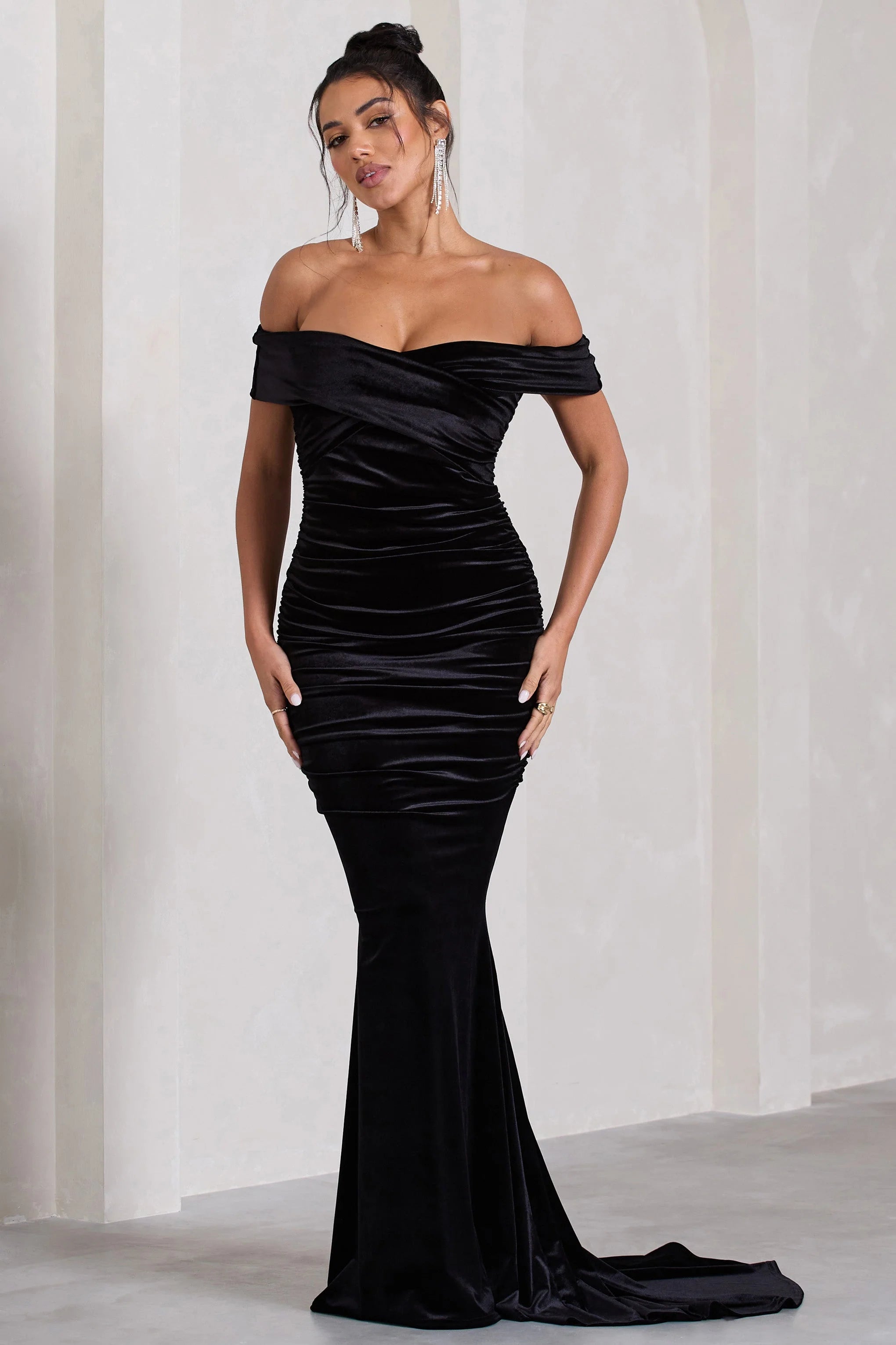 Apolline | Black Velvet Off The Shoulder Ruched Fishtail Maxi Dress
