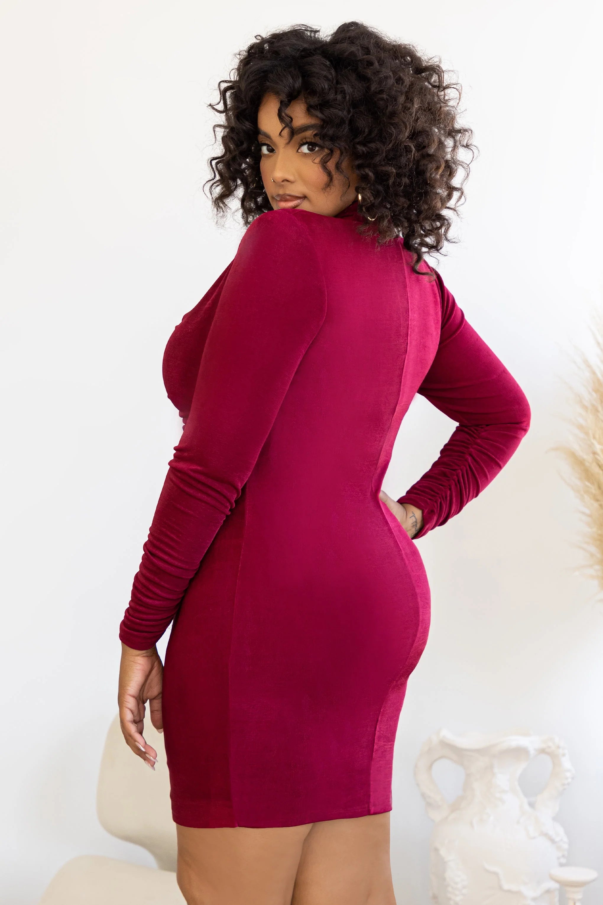 One To Remember | Plus Berry Bodycon Ruched Long Sleeve Shirt Mini Dress