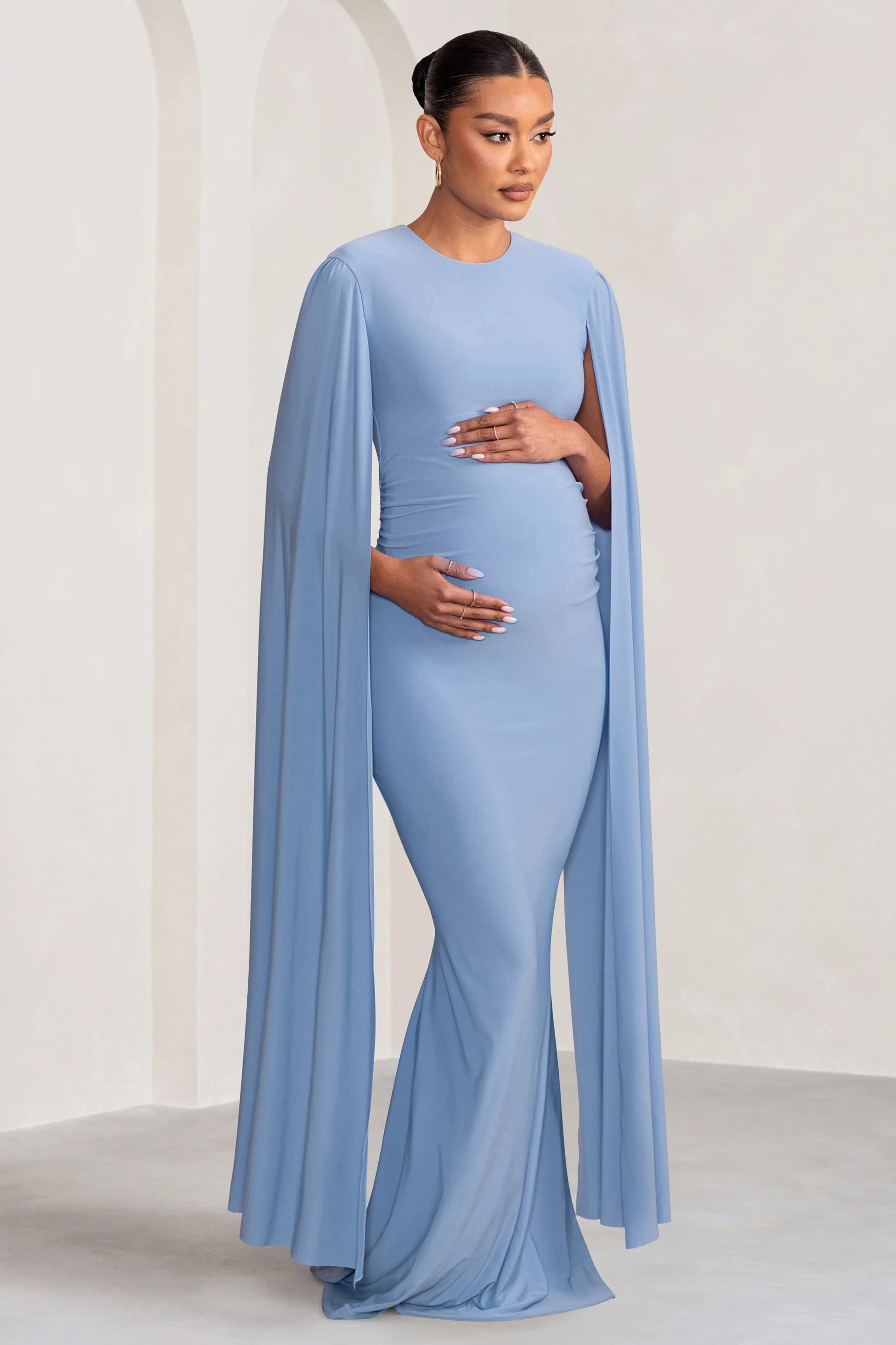 Briony | Powder Blue Maternity Maxi Dress with Cape Sleeves