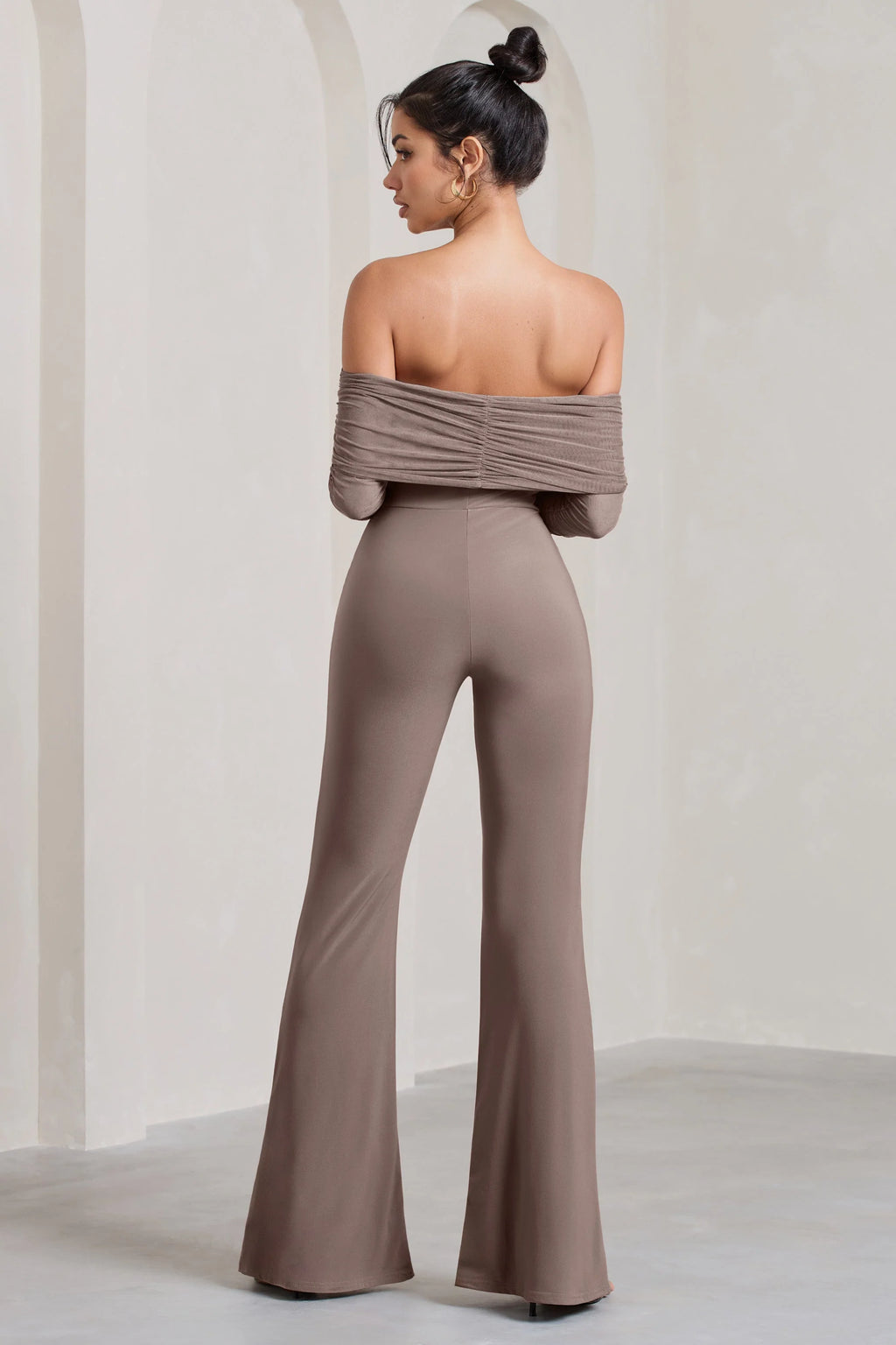 Whisper | Mocha Ruched Mesh Bardot Jumpsuit