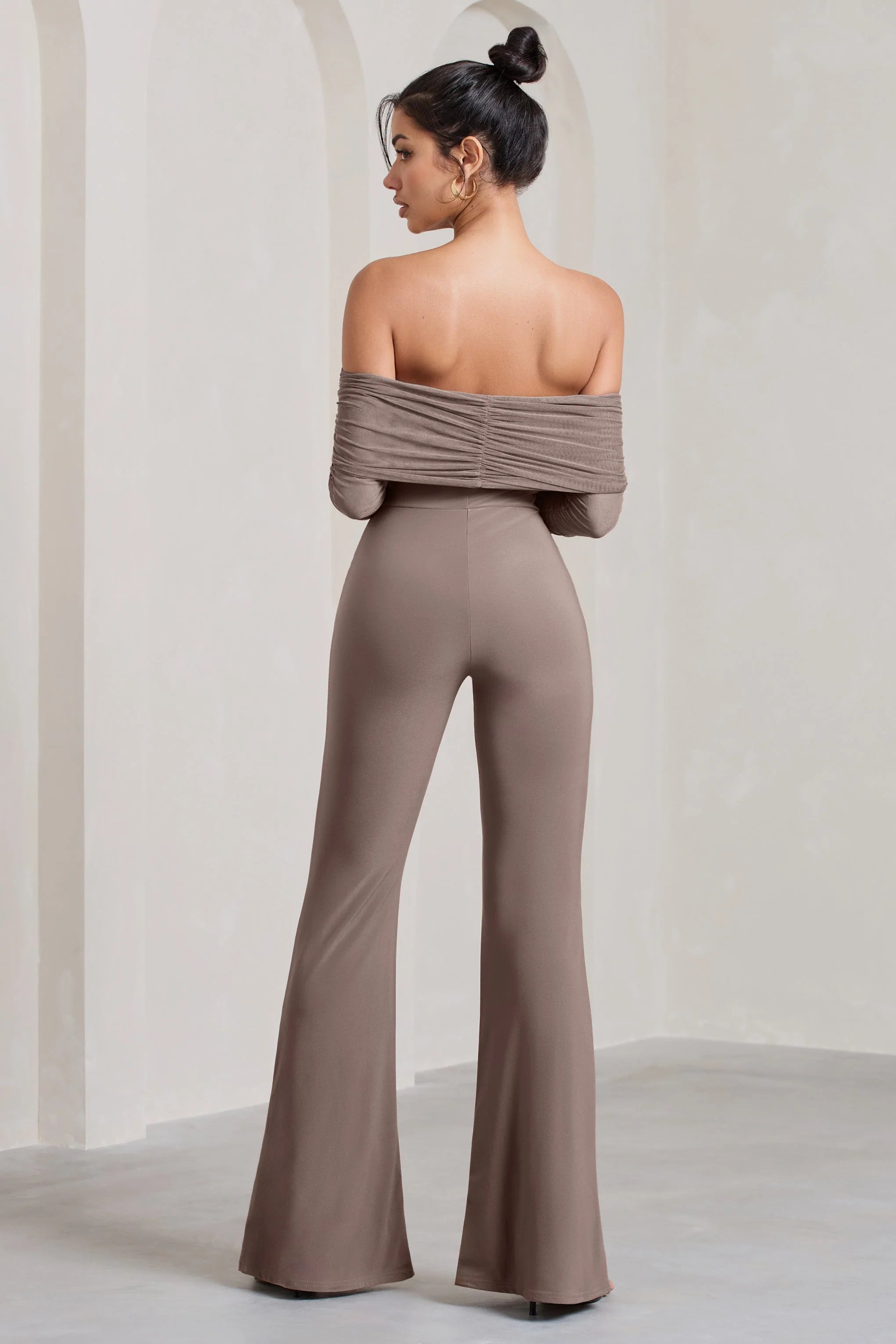 Whisper | Mocha Ruched Mesh Bardot Jumpsuit