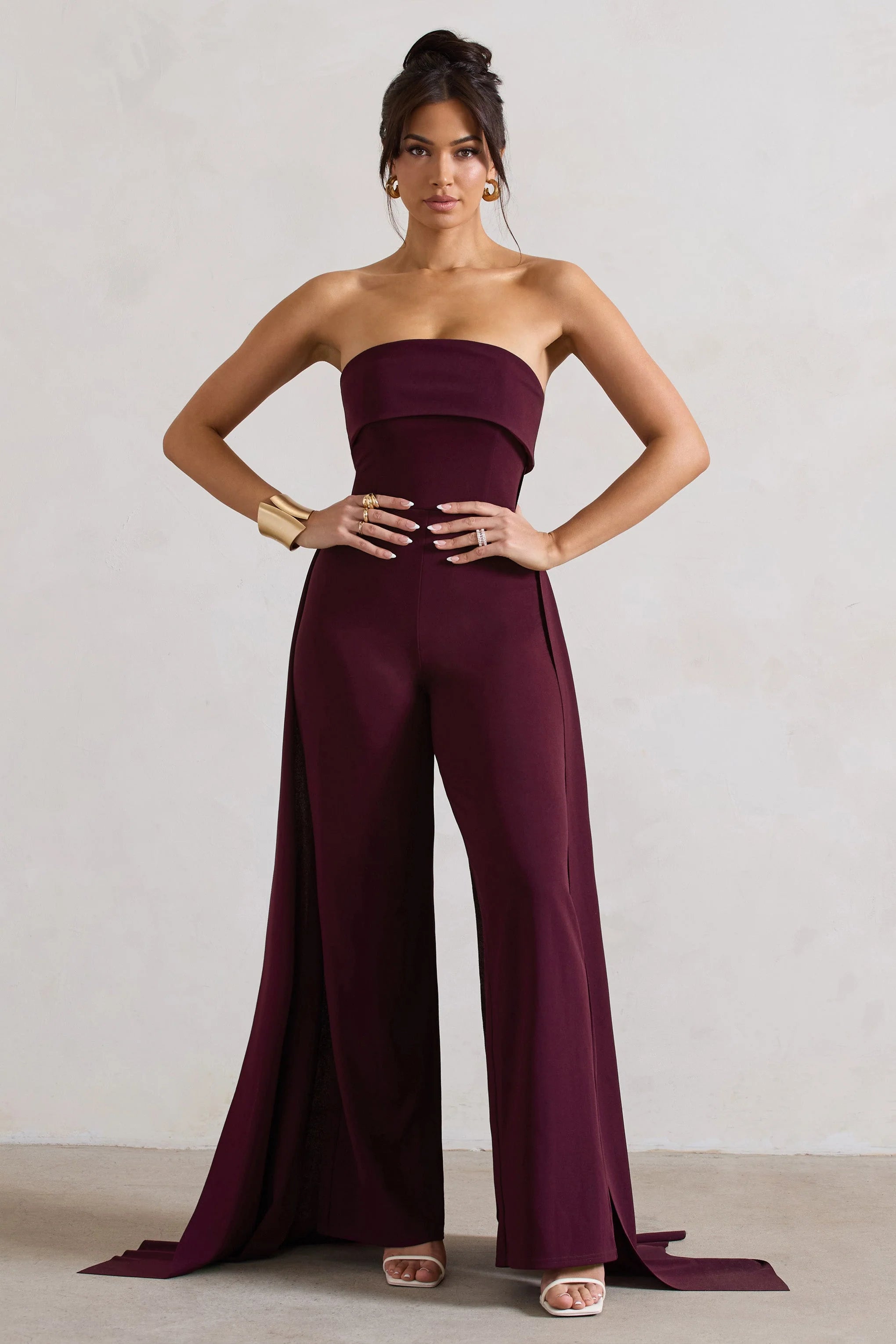 Amaya | Dark Plum Bandeau Wide-Leg Jumpsuit With Cape