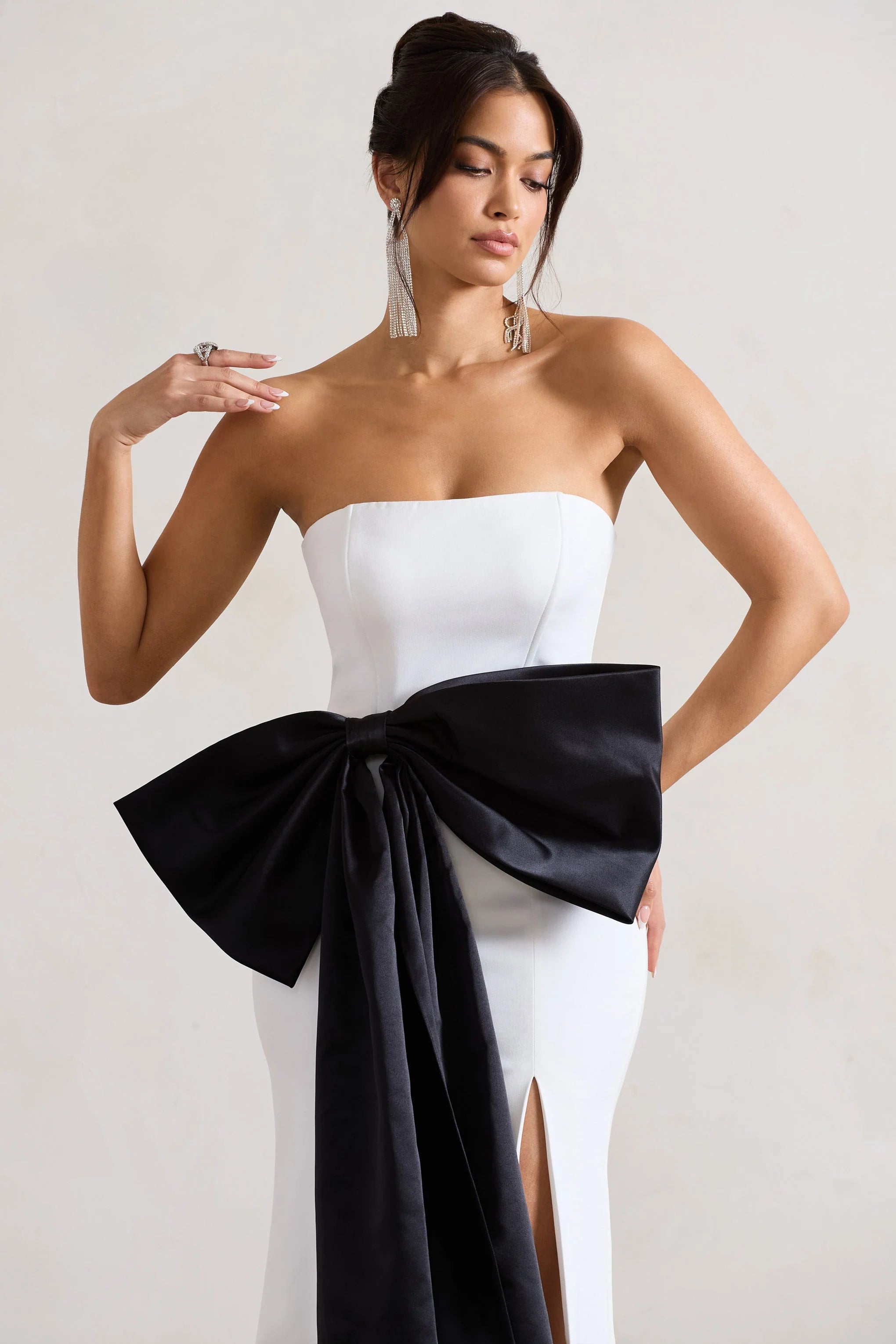 Sincerely | White Bandeau Split Maxi Dress With Oversized Black Bow