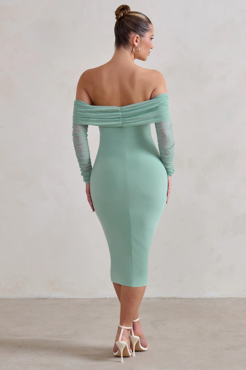 Only You | Sage Ruched Mesh Bardot Midi Dress