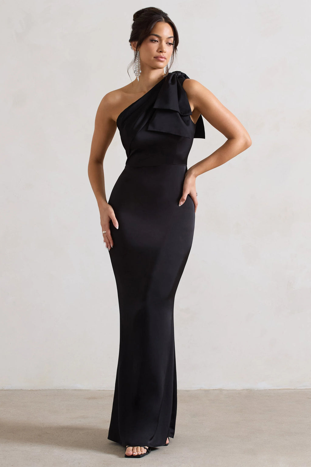 Lady | Black Satin Asymmetric Maxi Dress With Bow