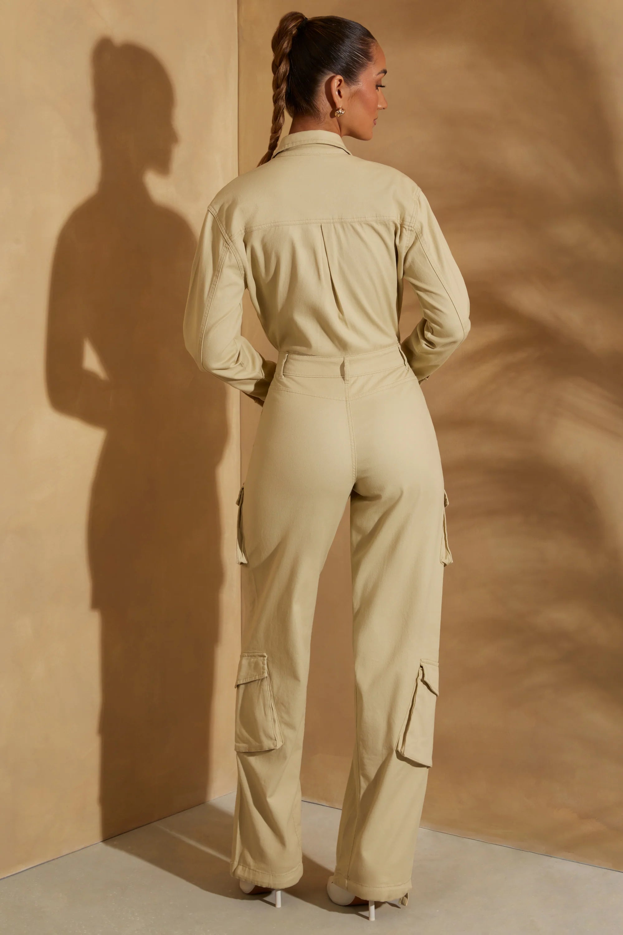 Petite Wide Leg Long Sleeve Cargo Jumpsuit in Sage