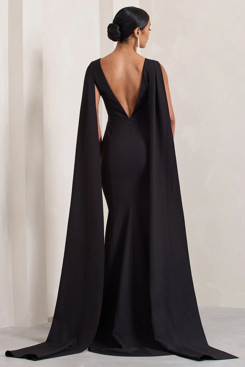 Rosaline | Black Plunging Fishtail Maxi Dress With Cape