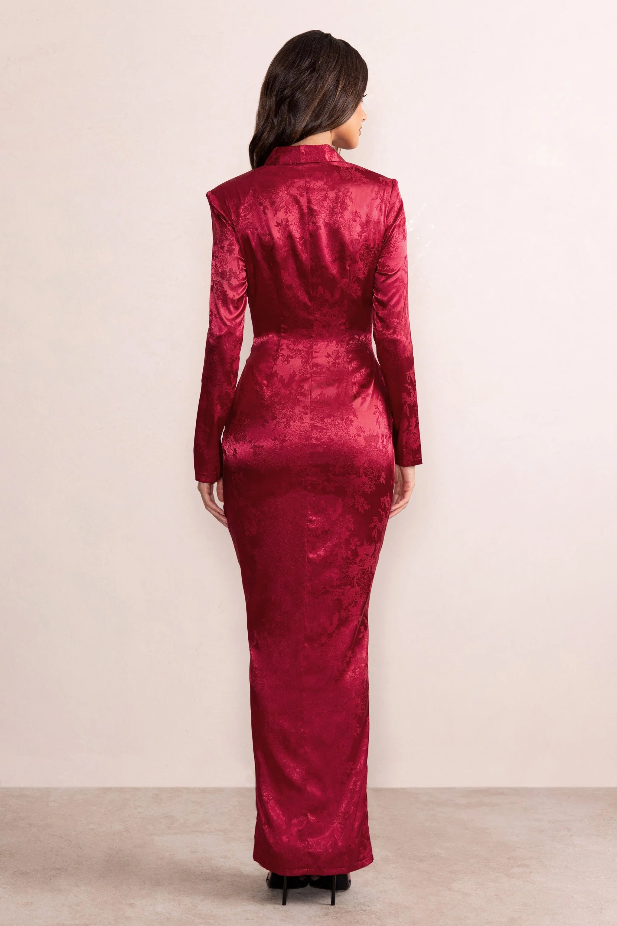 Skylar | Red Satin Jacquard Wrap Plunge Neck Long Sleeve Twist Detail Maxi Dress