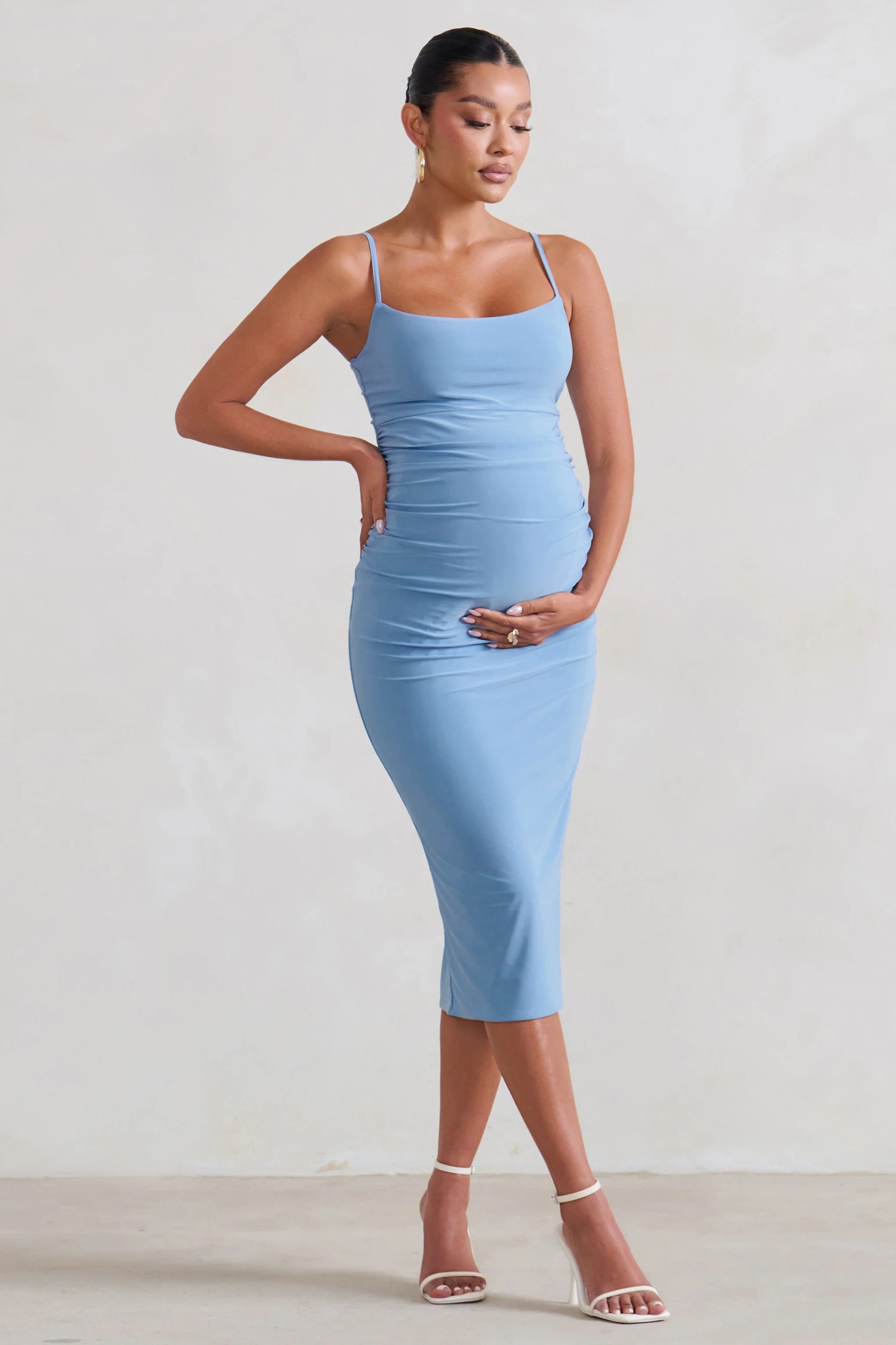 Raquel | Powder Blue Maternity Cami Midi Dress With Split