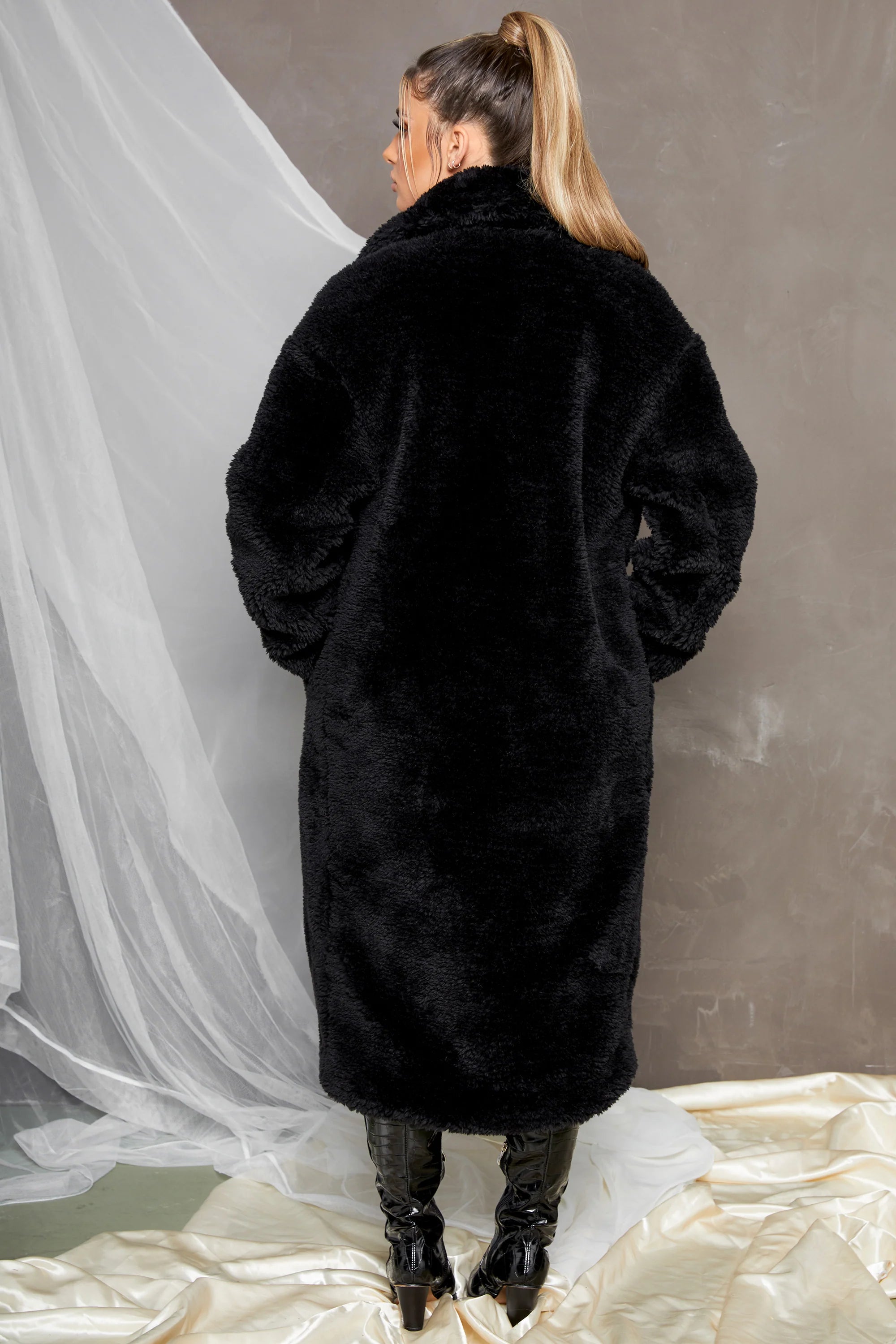 Empire Oversized Longline Cocoon Teddy Coat in Black