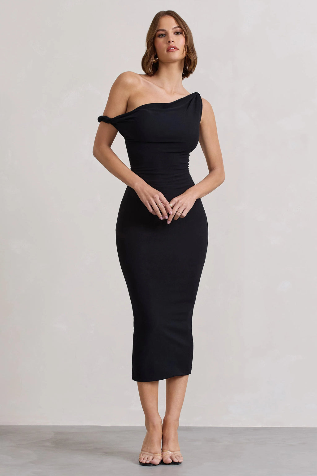 Salome | Black Twisted Asymmetric Midi Dress