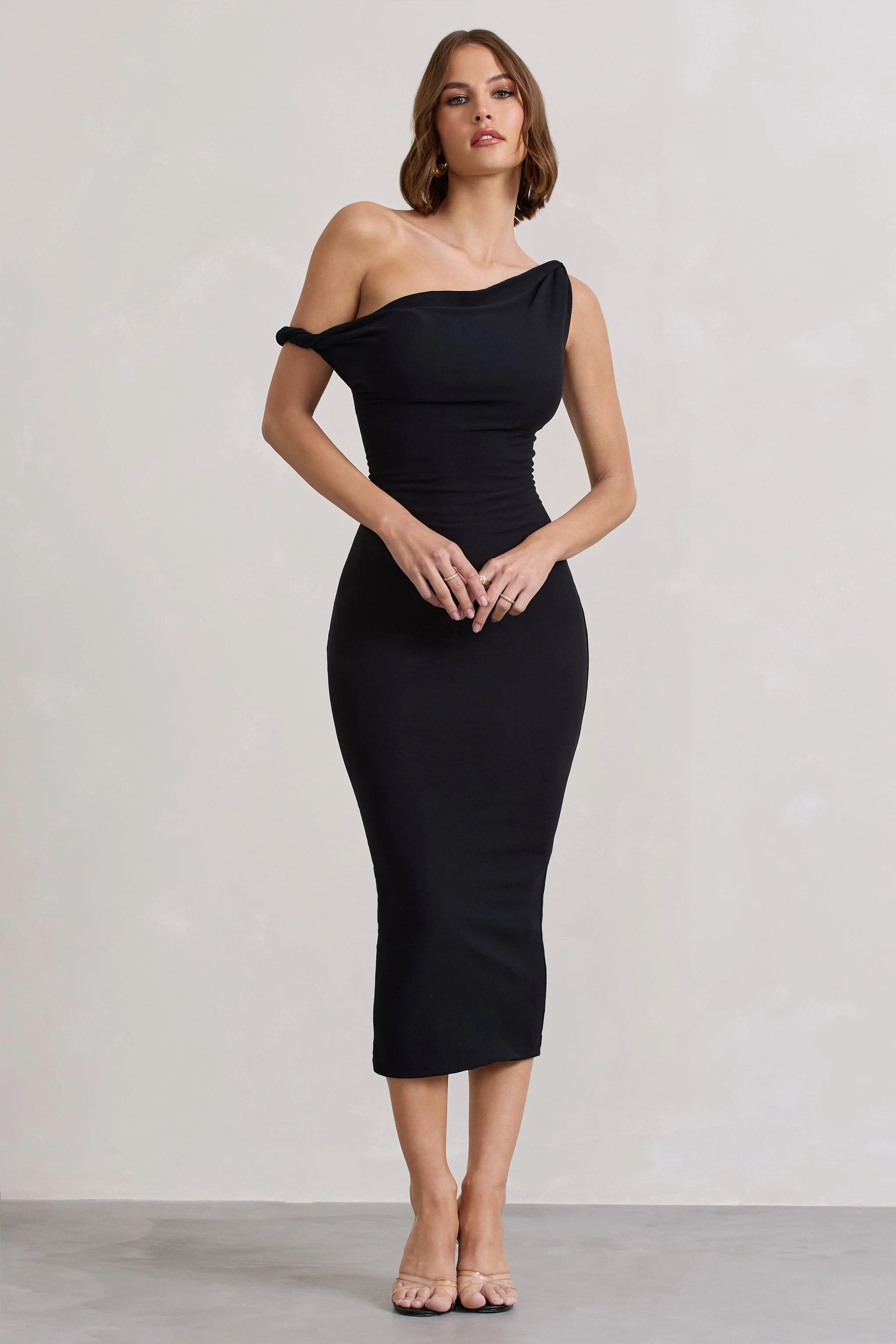 Salome | Black Twisted Asymmetric Midi Dress