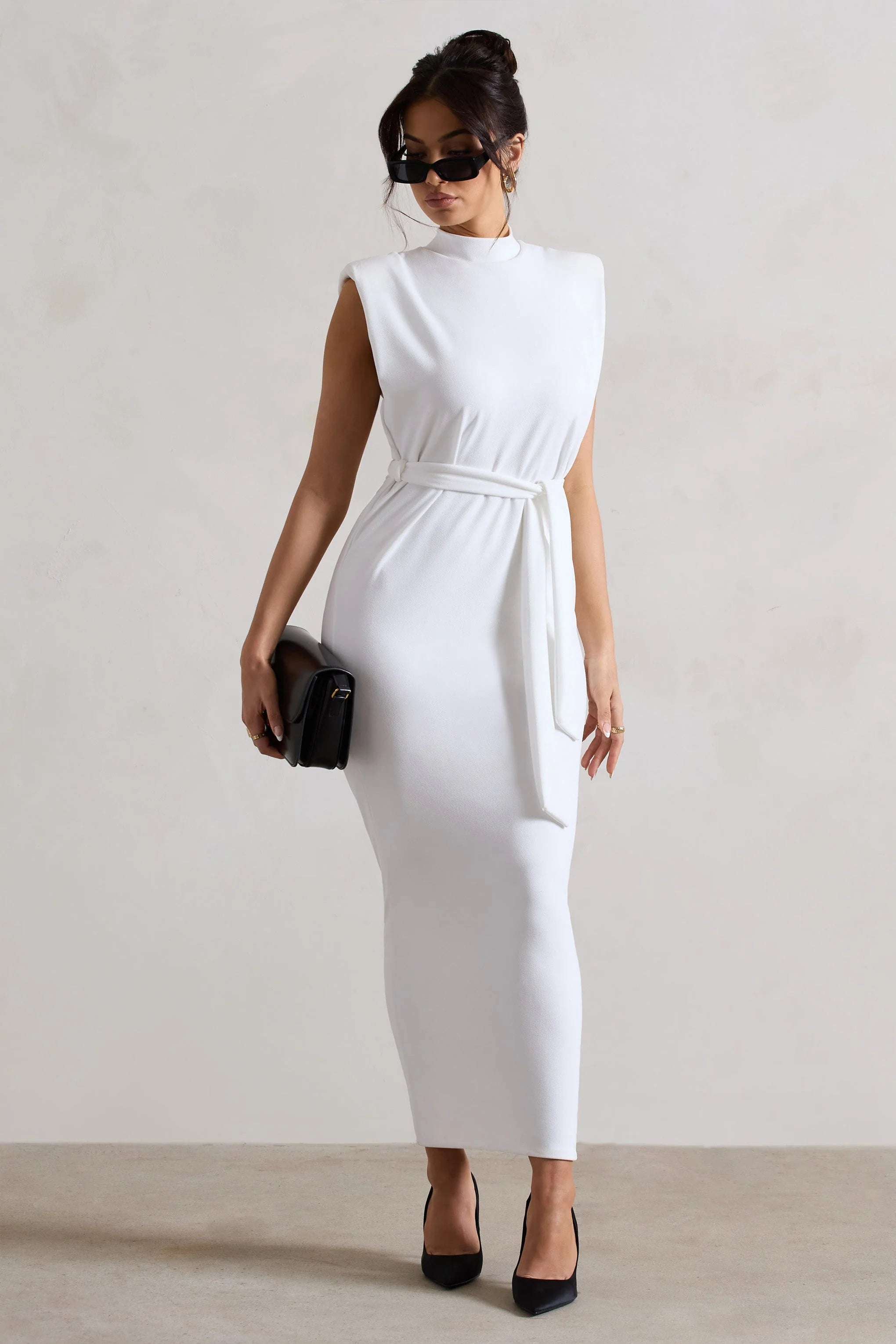 Abbie | Ecru High-Neck Maxi Dress With Tie Waist