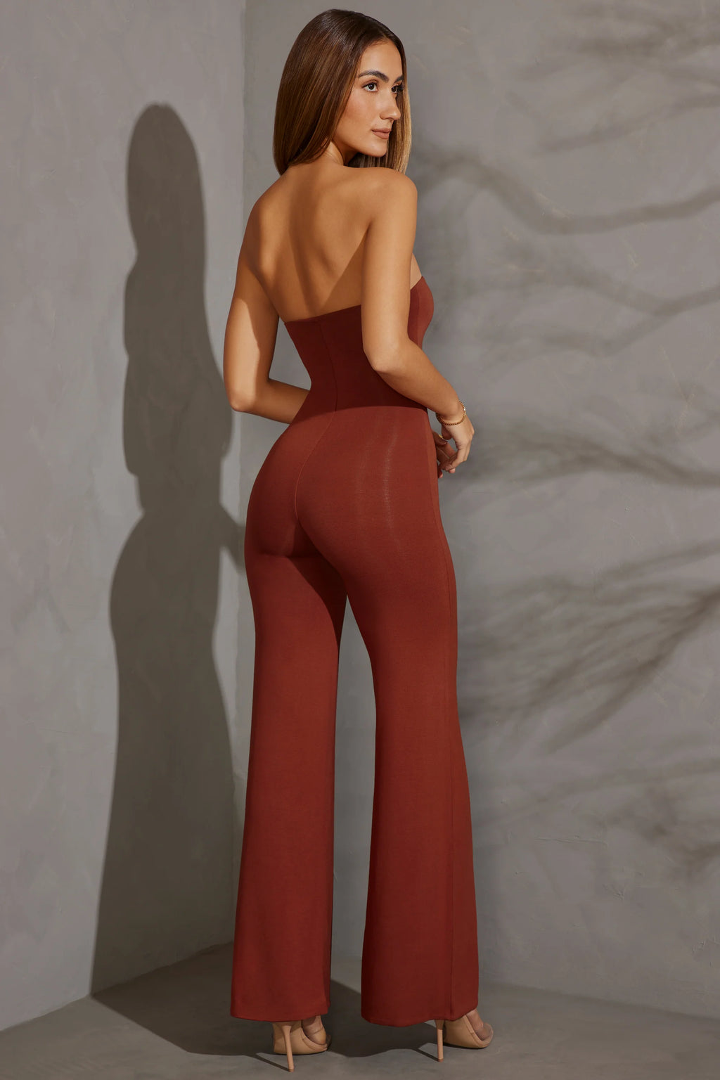 Petite Bandeau Wide Leg Jumpsuit in Brick